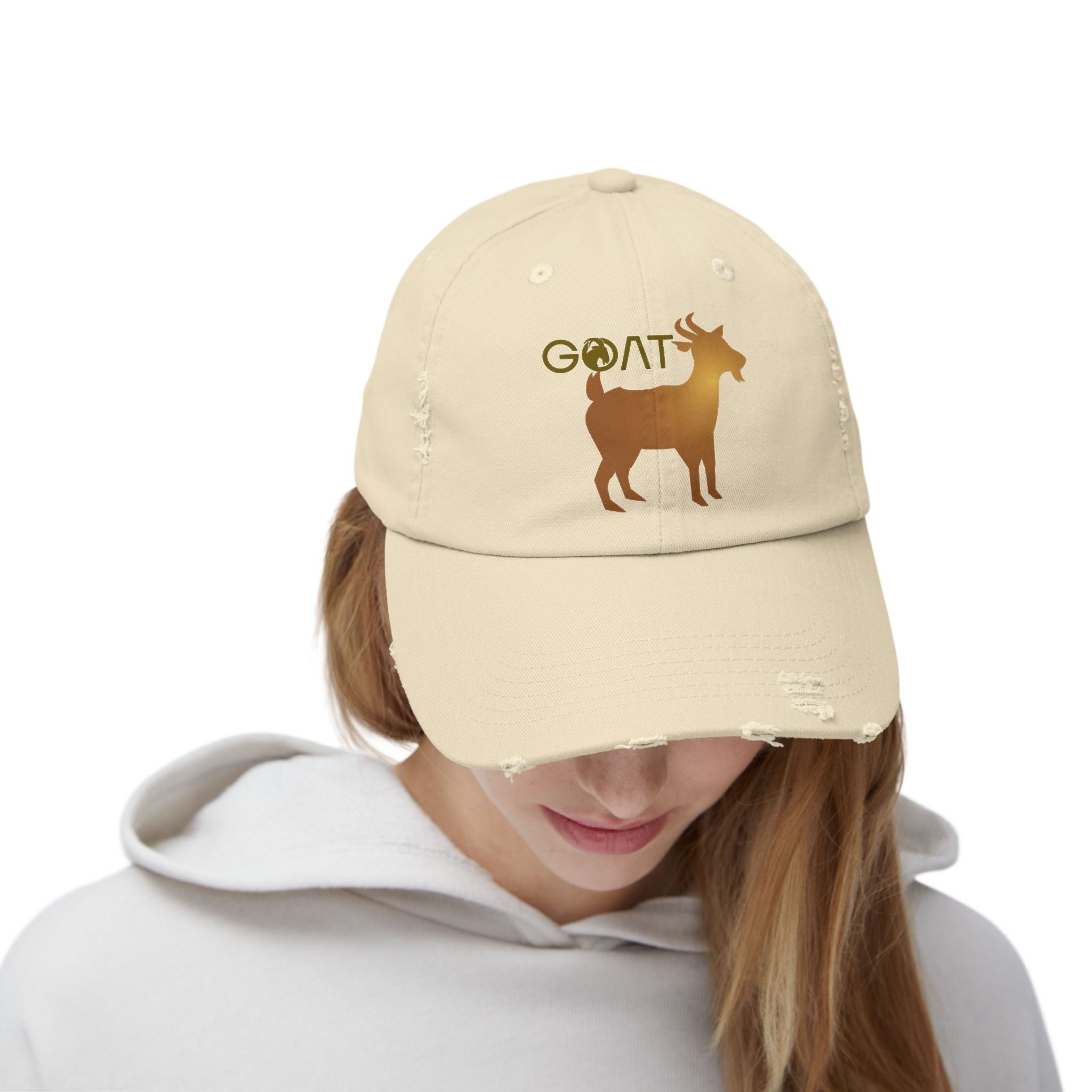 GOAT Unisex Distressed Baseball Cap, Goat Logo, Gold logo, 100% Cotton hat - Blue Star Merch 