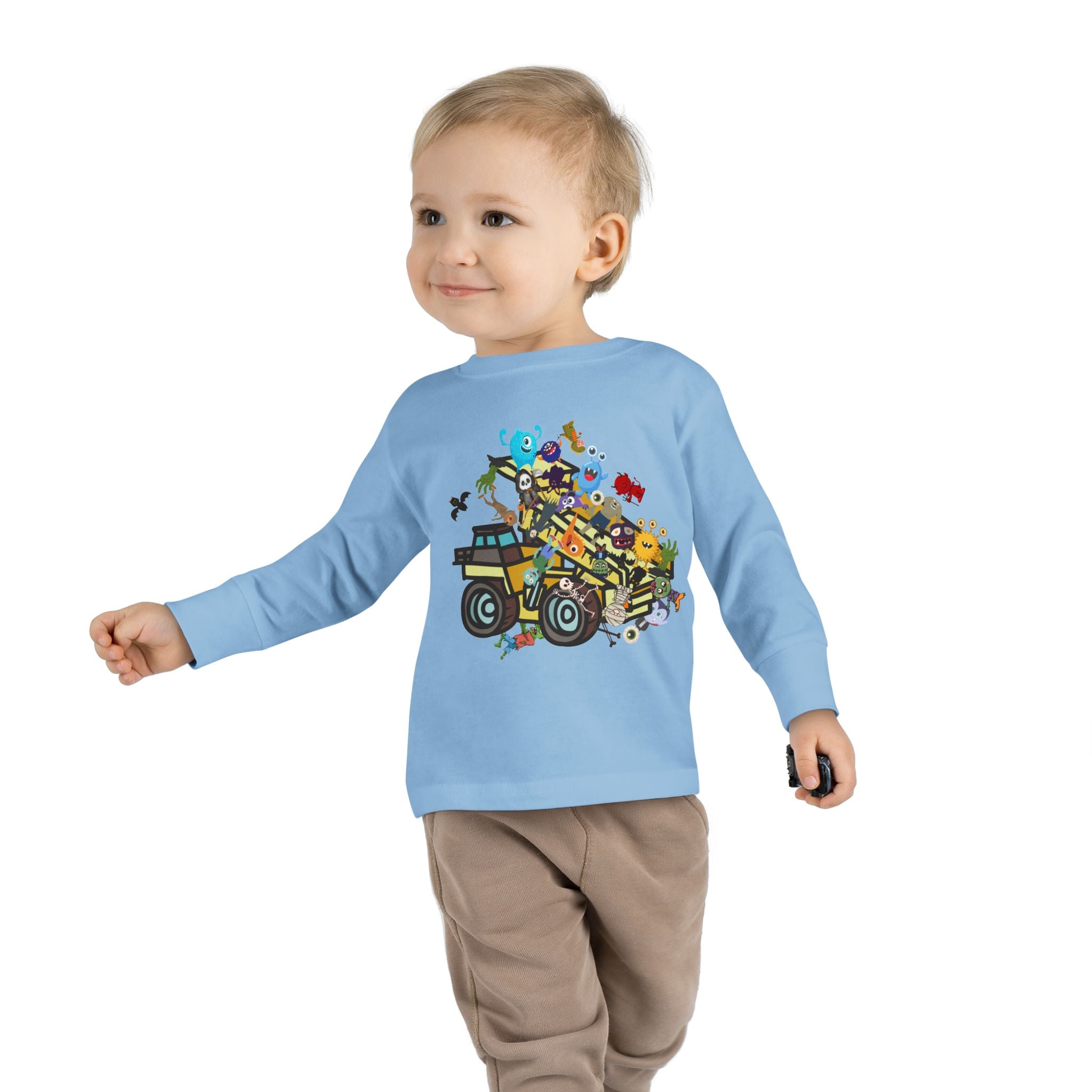 Toddler Long Sleeve Tee, dump truck with monsters & ghouls, 100 percent cotton tee. - Blue Star Merch 