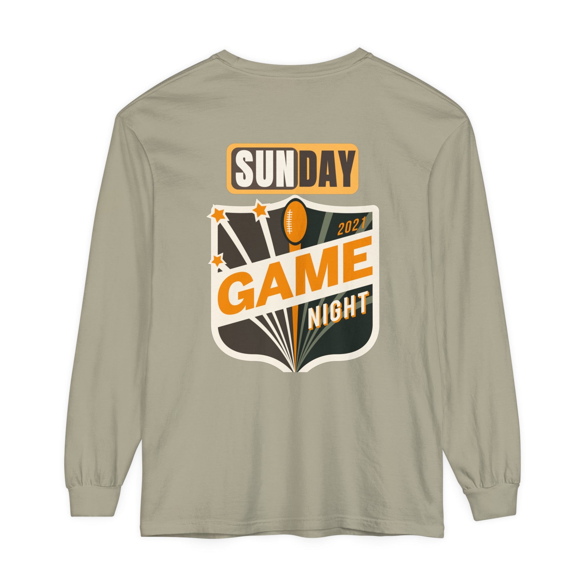 Men's  Garment-dyed Long Sleeve T-Shirt with Football on front  and Game Day on back. Cotton, Medium Weight.