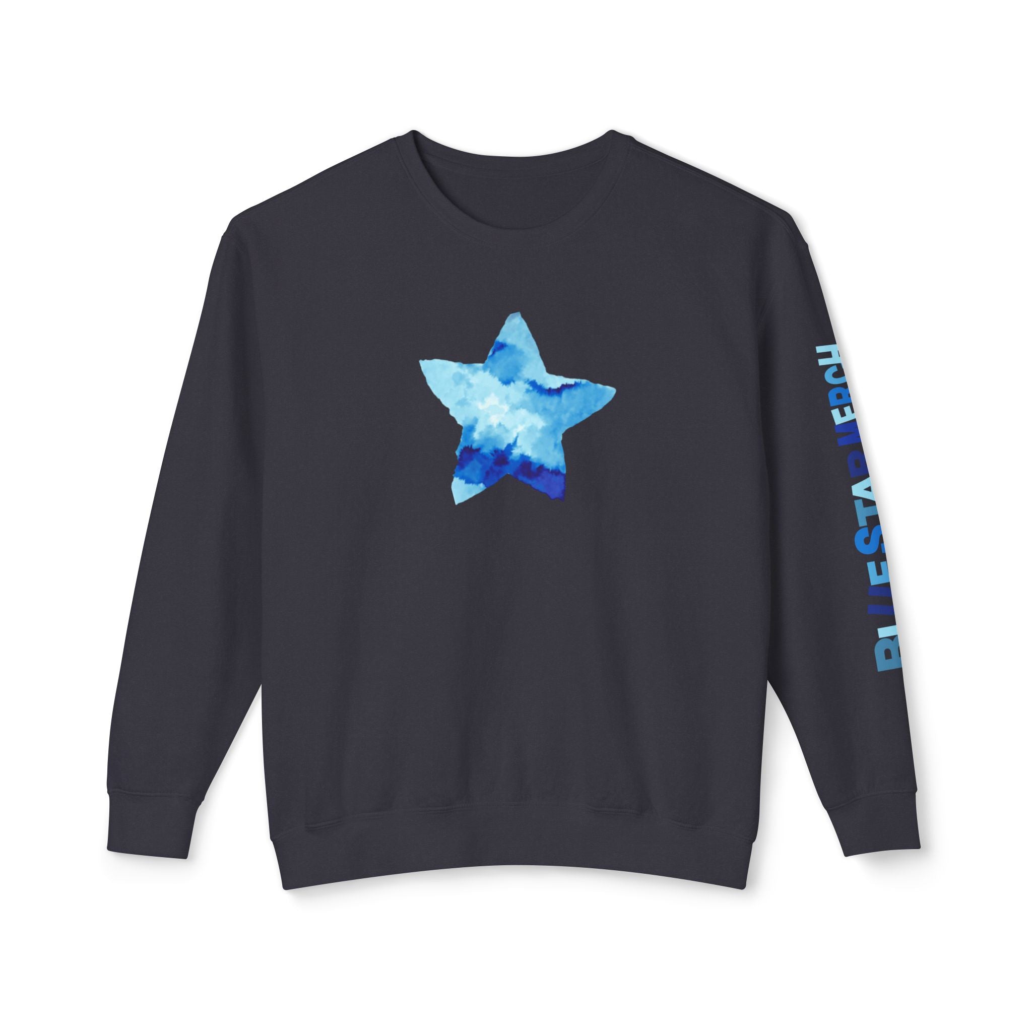 Unisex Lightweight Crewneck Sweatshirt with Blue Star Merch Logo in Blues and White - Blue Star Merch 