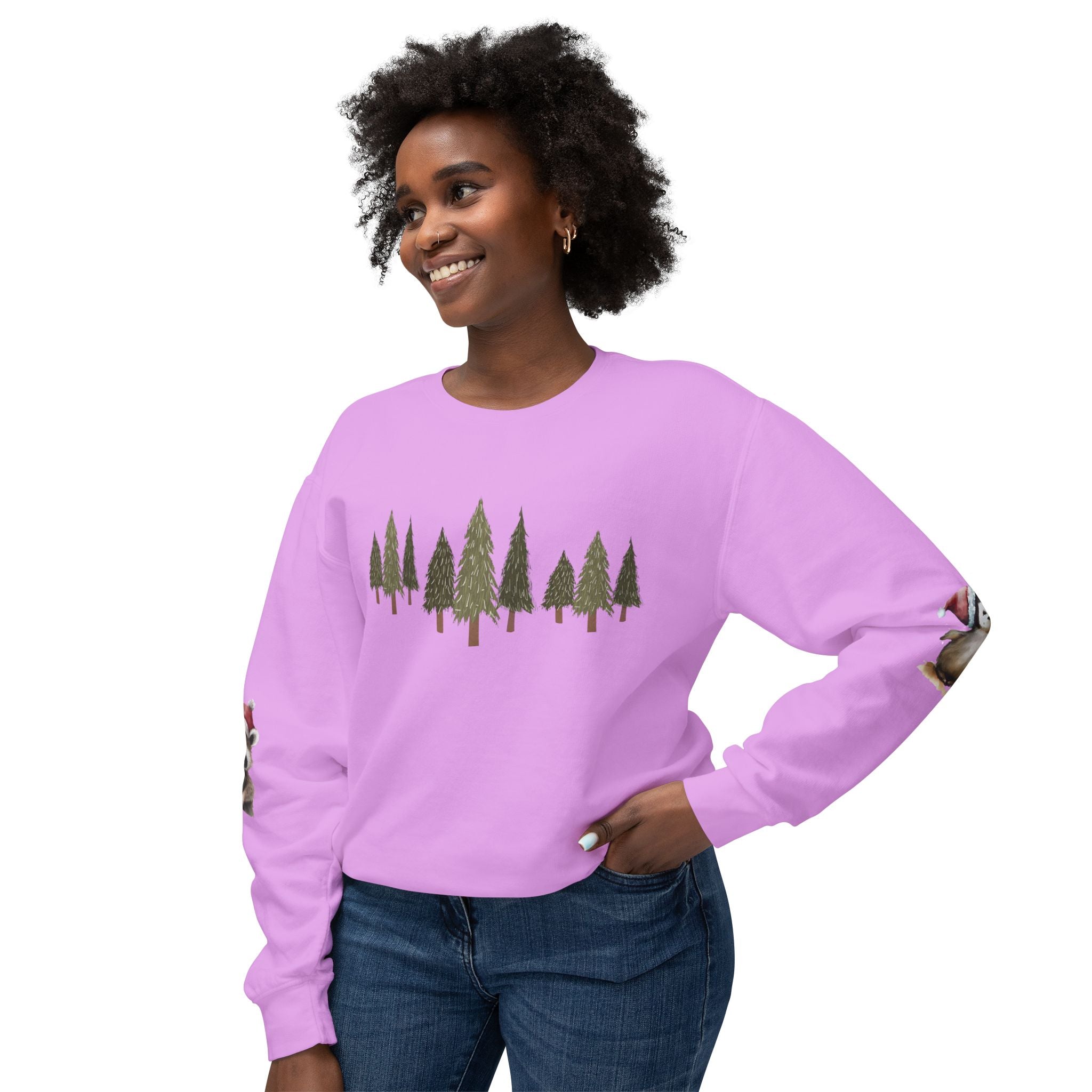 Christmas Trees (on front)  Raccoon & Penguin (on sleeves)  Unisex Cotton Lightweight Crewneck Sweatshirt