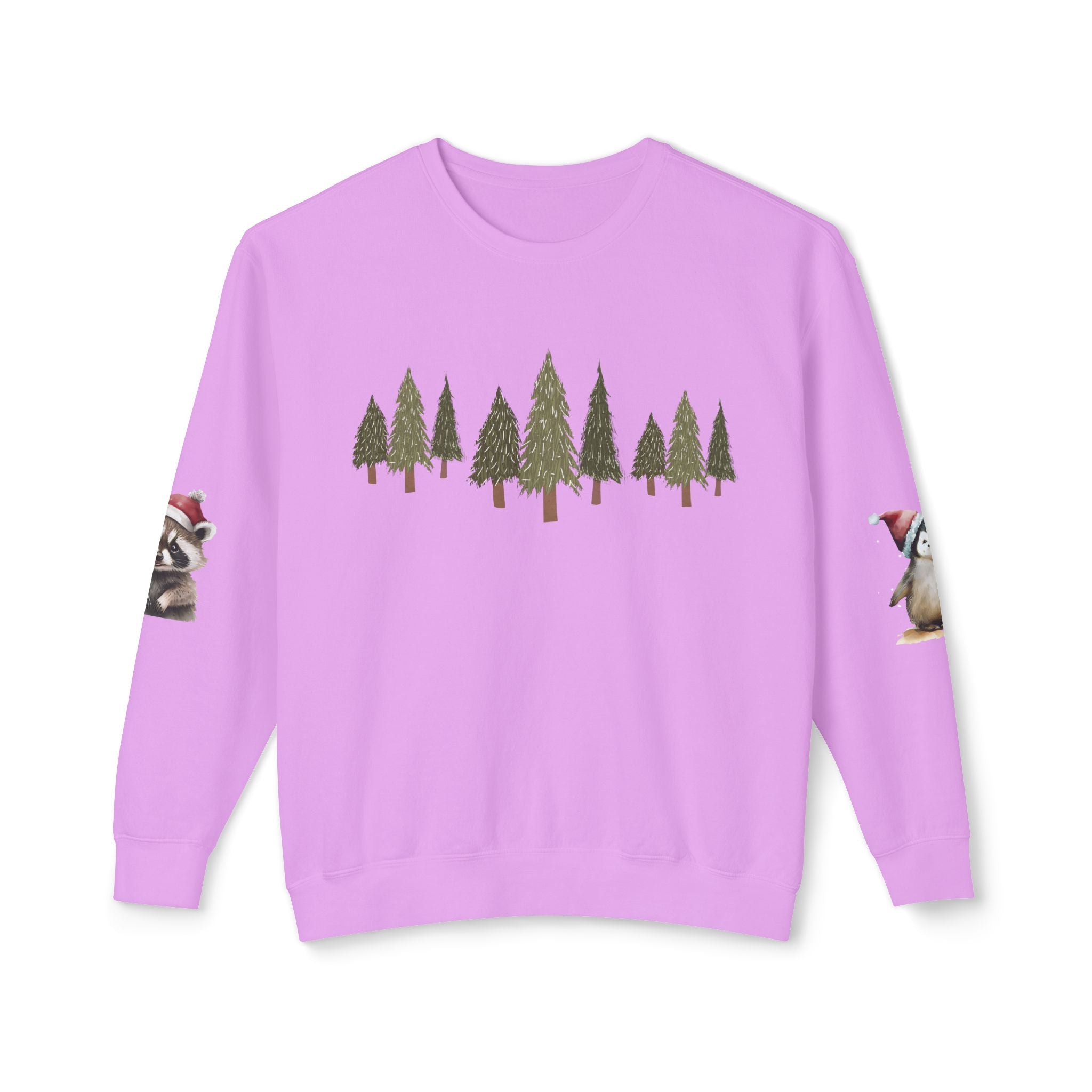 Christmas Trees (on front)  Raccoon & Penguin (on sleeves)  Unisex Cotton Lightweight Crewneck Sweatshirt