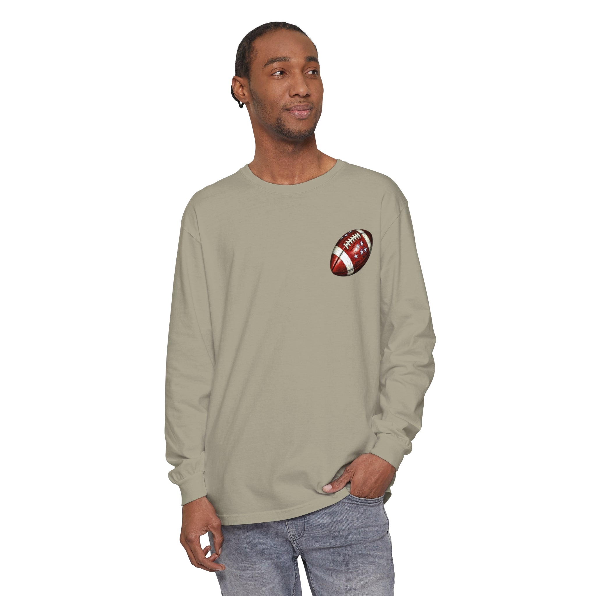 Men's  Garment-dyed Long Sleeve T-Shirt with Football on front  and Game Day on back. Cotton, Medium Weight.