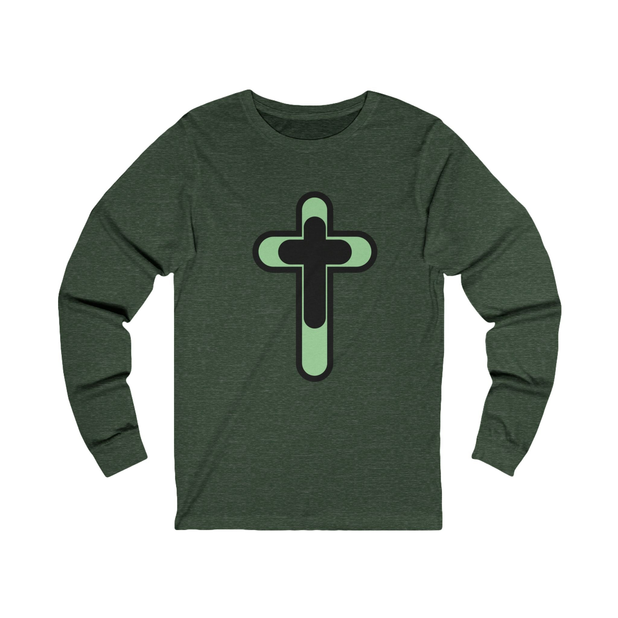 Retro Green "CROSS"  Unisex Jersey Long Sleeve Tee. Light weight Cotton. Faith Based tee shirt