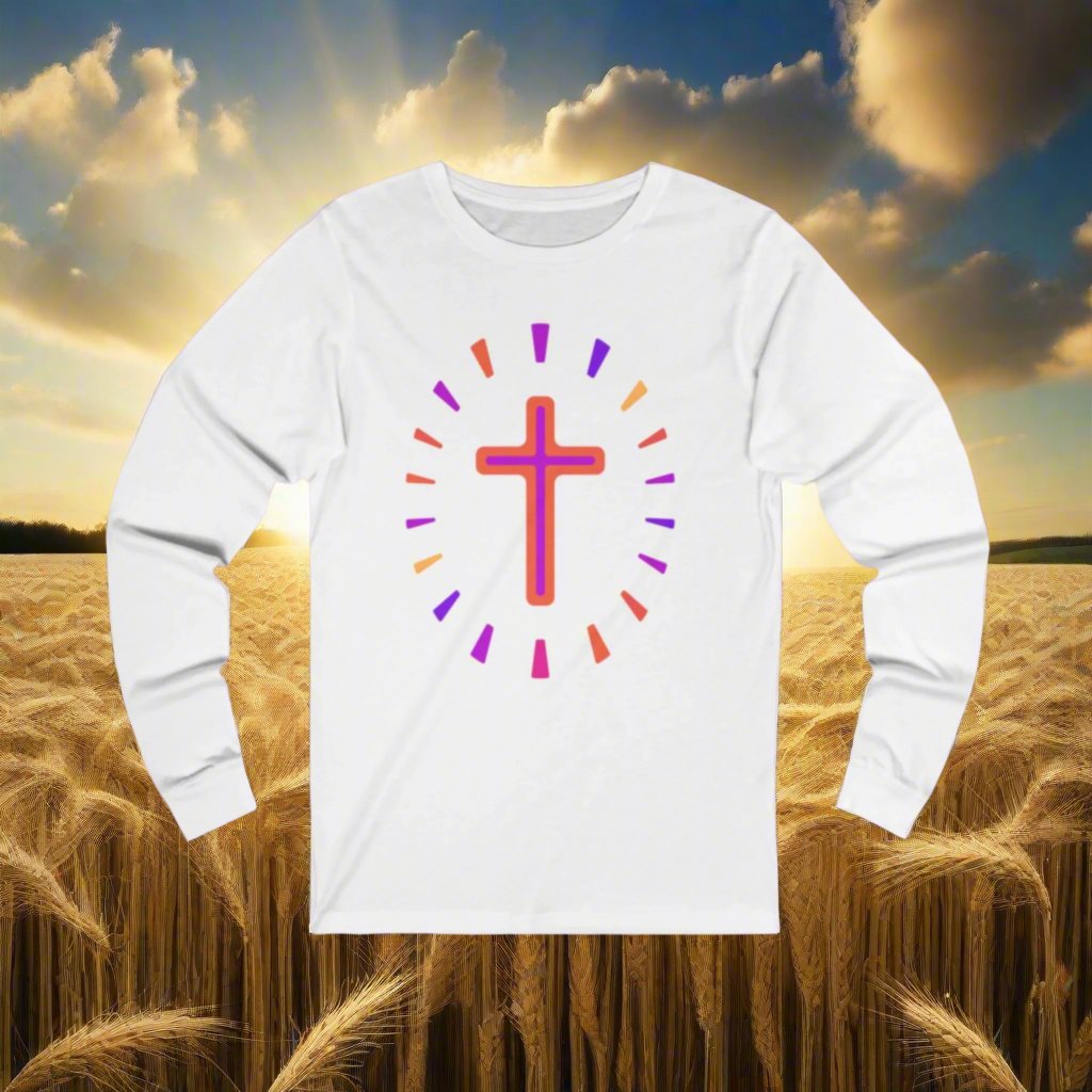 Bright Colors with Cross Design, Unisex Jersey Long Sleeve Tee. Light weight Cotton fabric. Faith merchandise.