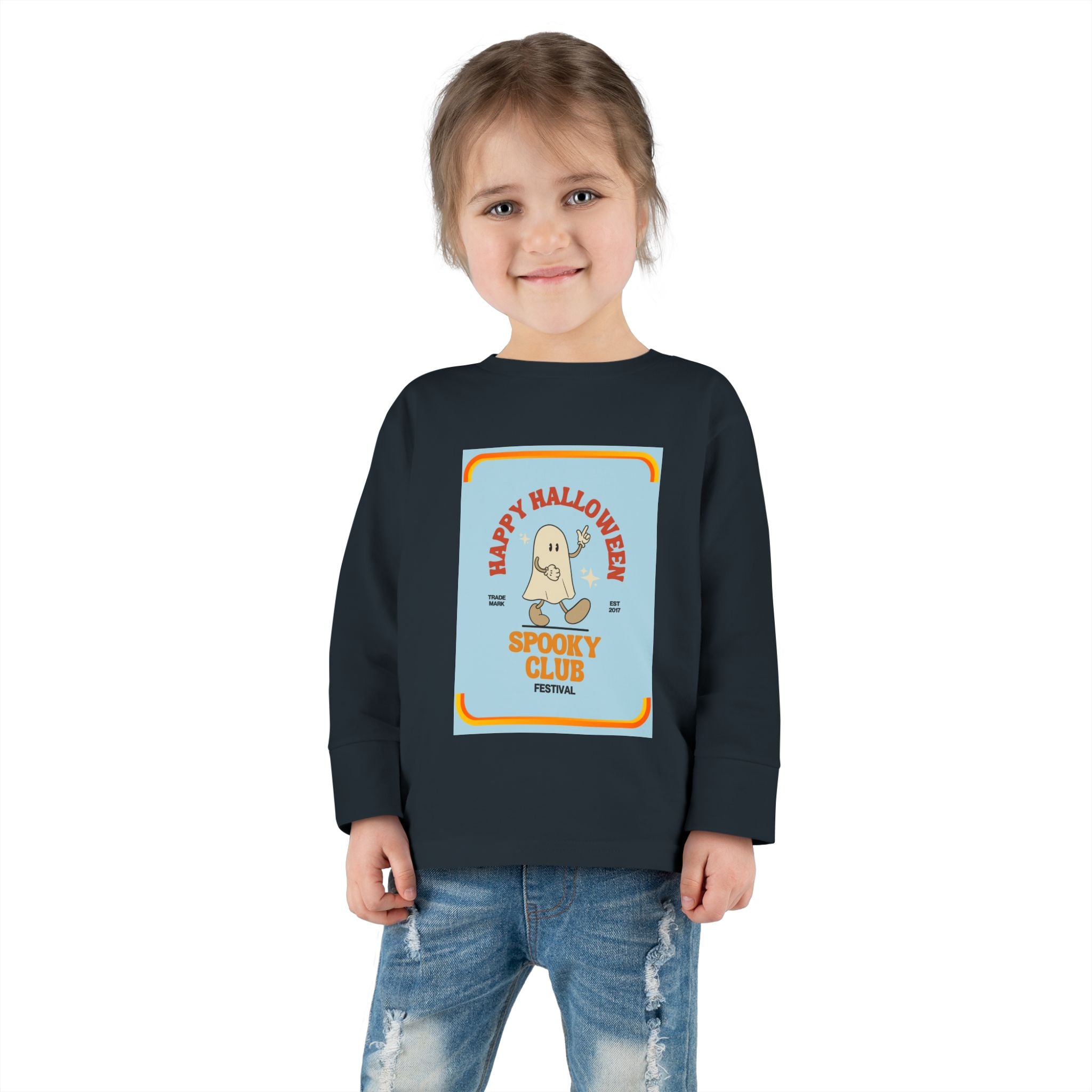 Toddler Long Sleeve Cotton Tee with Spooky Ghost Club design, Light weight. - Blue Star Merch 