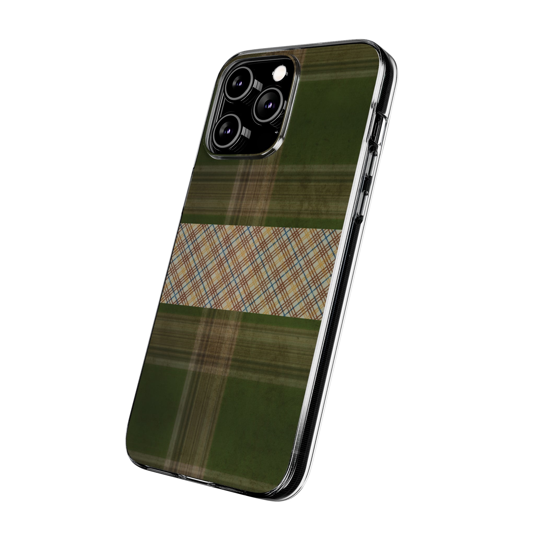 Clear Silicone Phone Case with Green Plaid design. Slim profile and protects from light bumps and scratches. - Blue Star Merch 