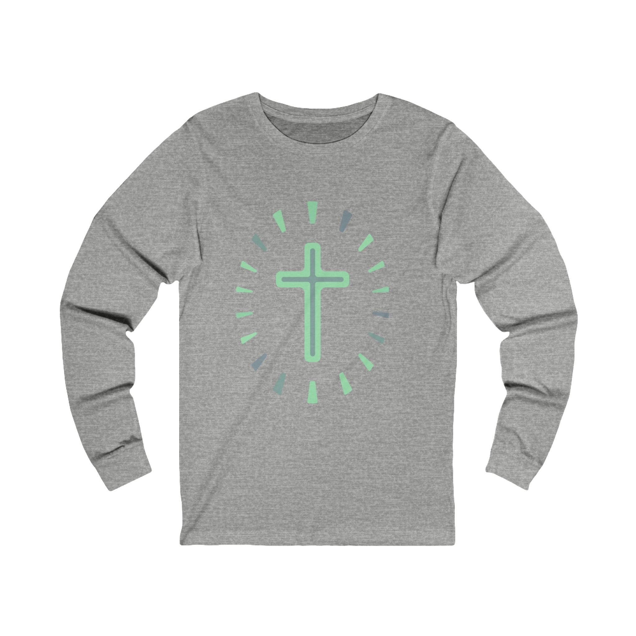 Green Cross Design,  Unisex Jersey Long Sleeve Tee, Cotton light weight fabric. Faith based tee shirt