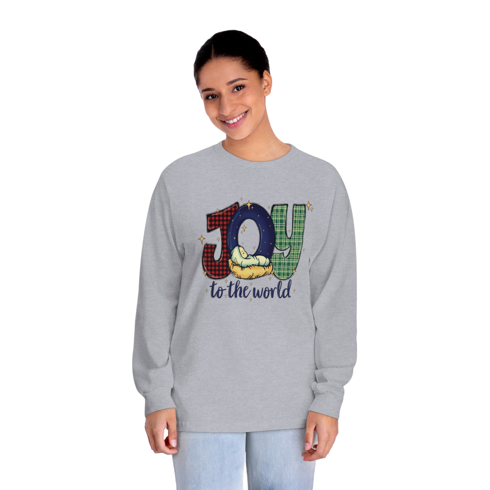 Classic Long Sleeve T-Shirt, Cotton, Medium Weight, Cool retro design, Joy to the World long sleeve, Ladies Long sleeve tee