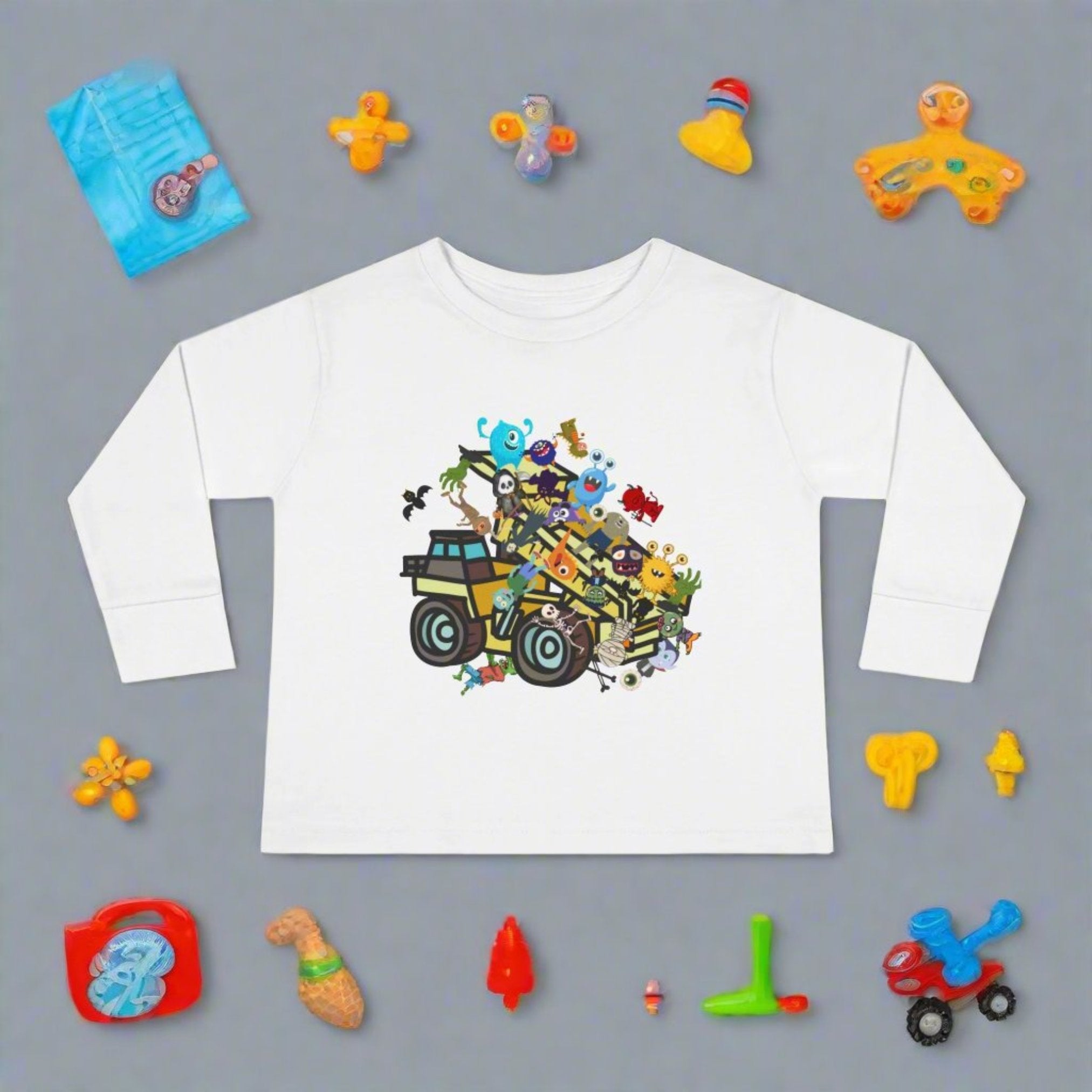 Toddler Long Sleeve Tee, dump truck with monsters & ghouls, 100 percent cotton tee. - Blue Star Merch 