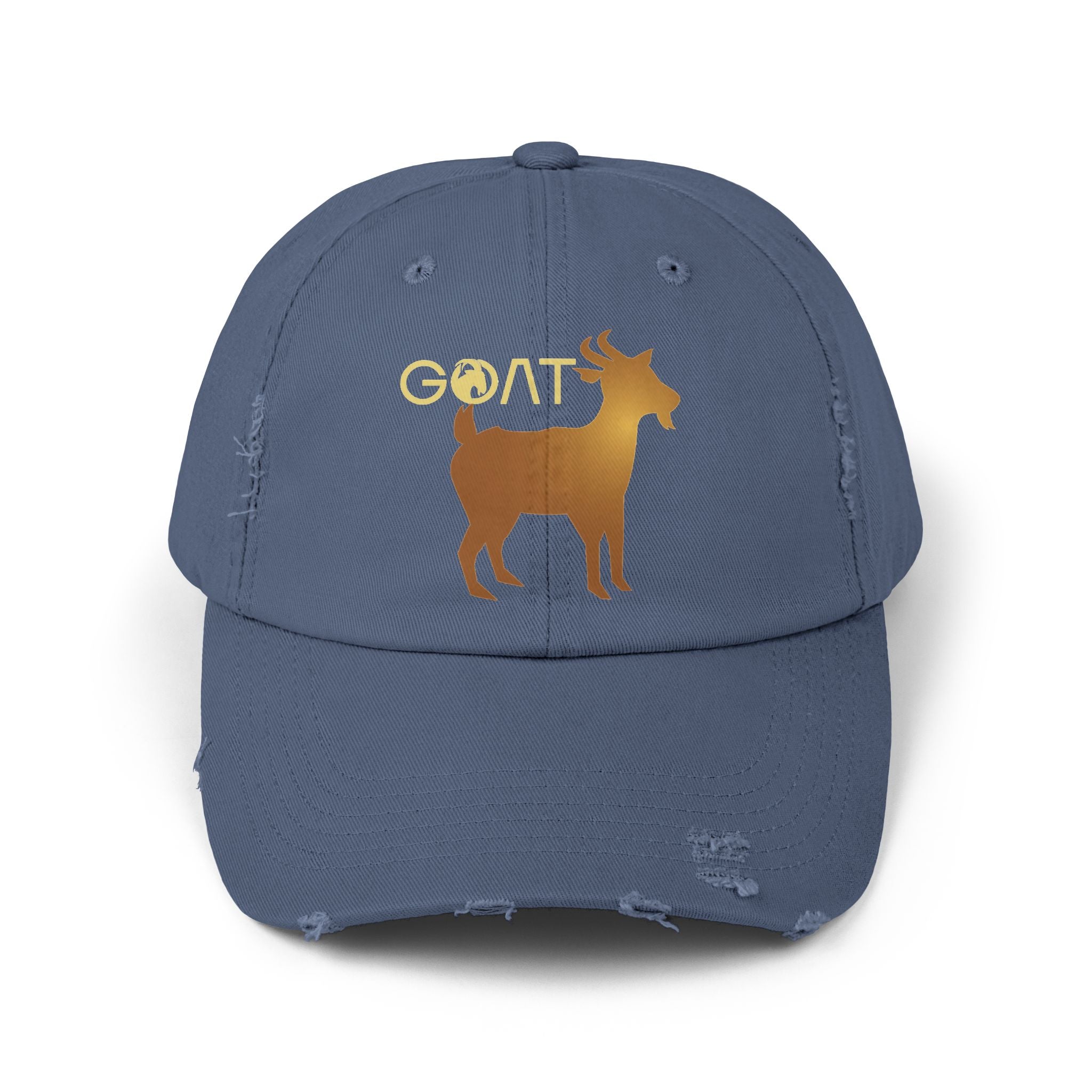 CUSTOM Unisex Distressed Baseball Cap, 100% Cotton Twill, Goat Ligo - Blue Star Merch 