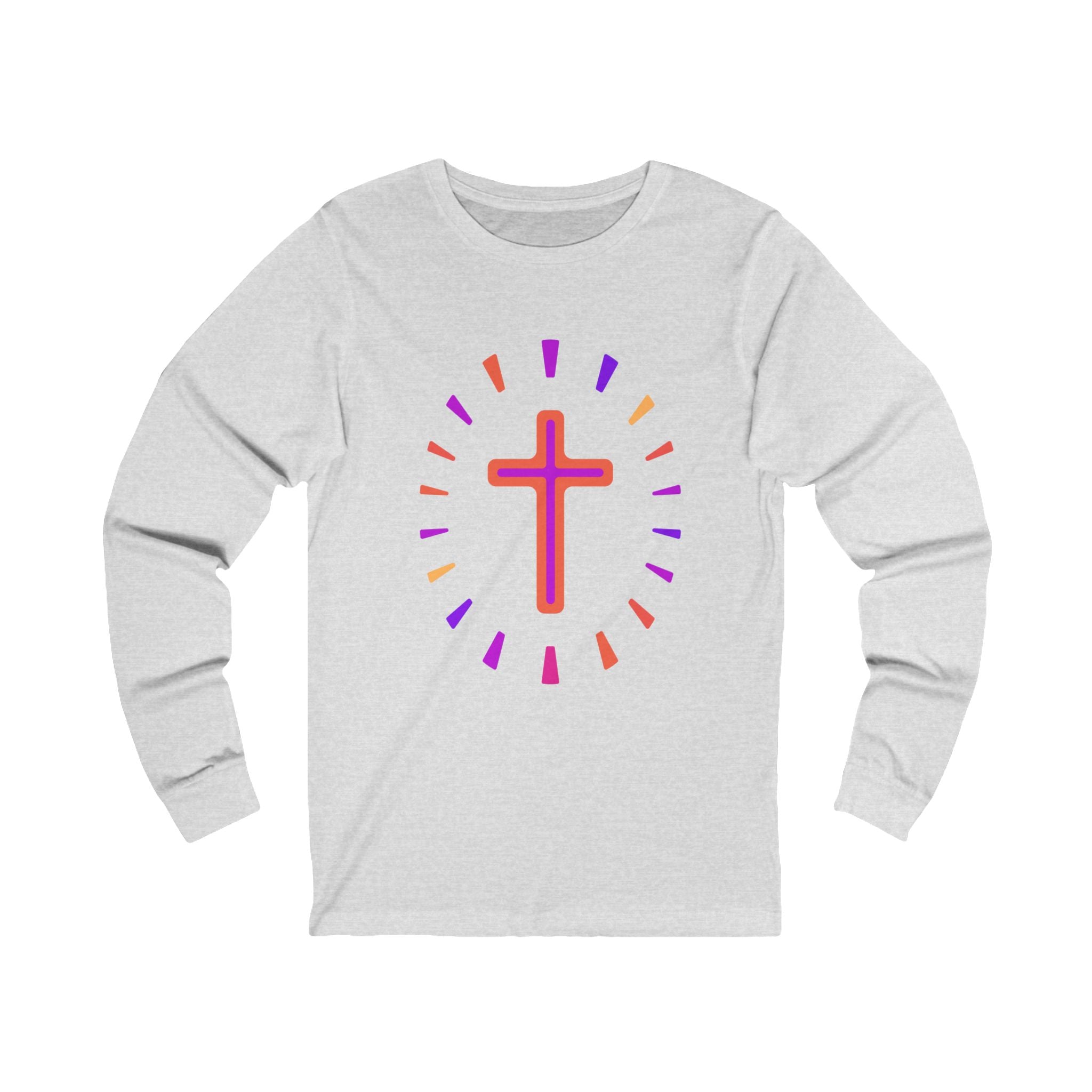 Bright Colors with Cross Design, Unisex Jersey Long Sleeve Tee. Light weight Cotton fabric. Faith merchandise.