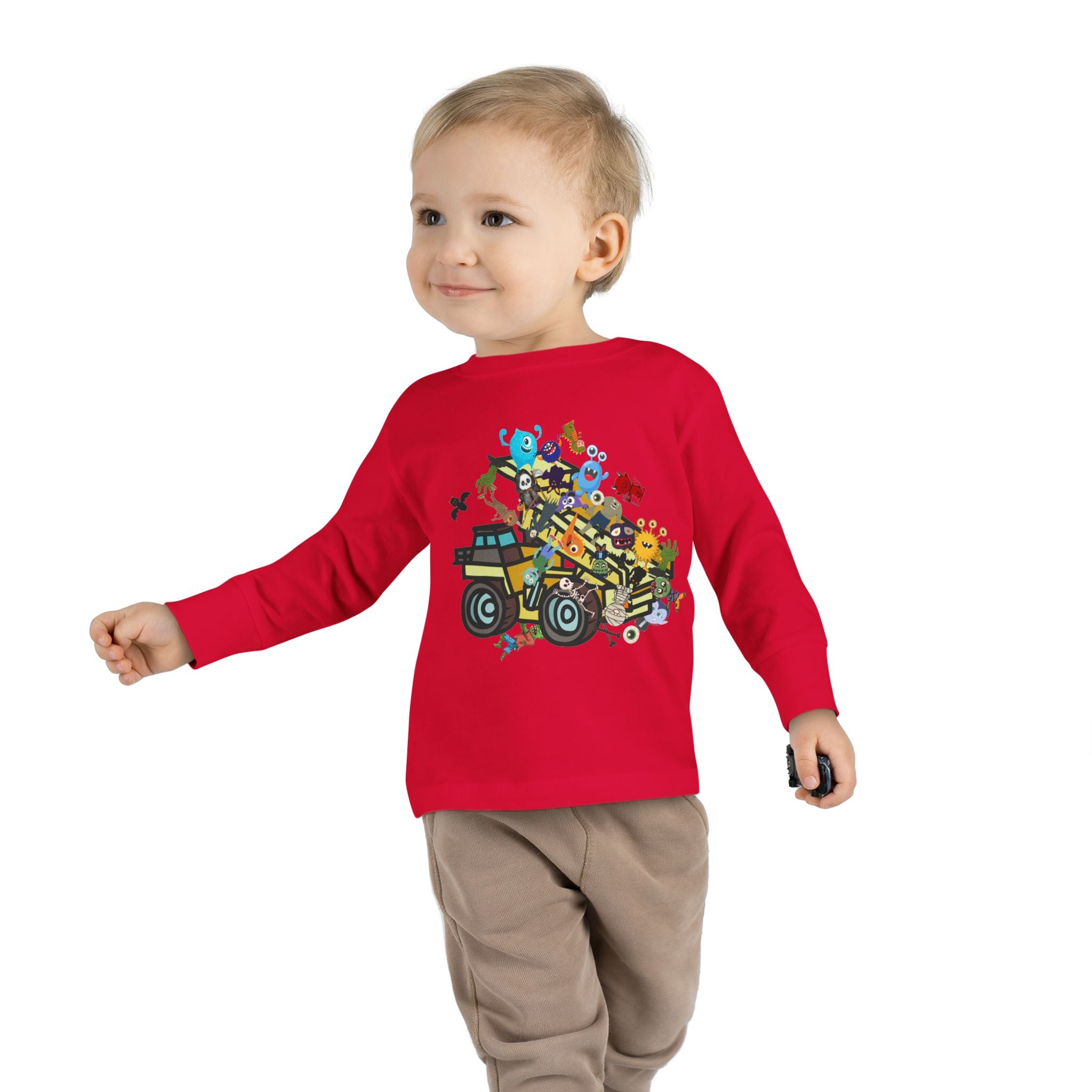 Toddler Long Sleeve Tee, dump truck with monsters & ghouls, 100 percent cotton tee. - Blue Star Merch 