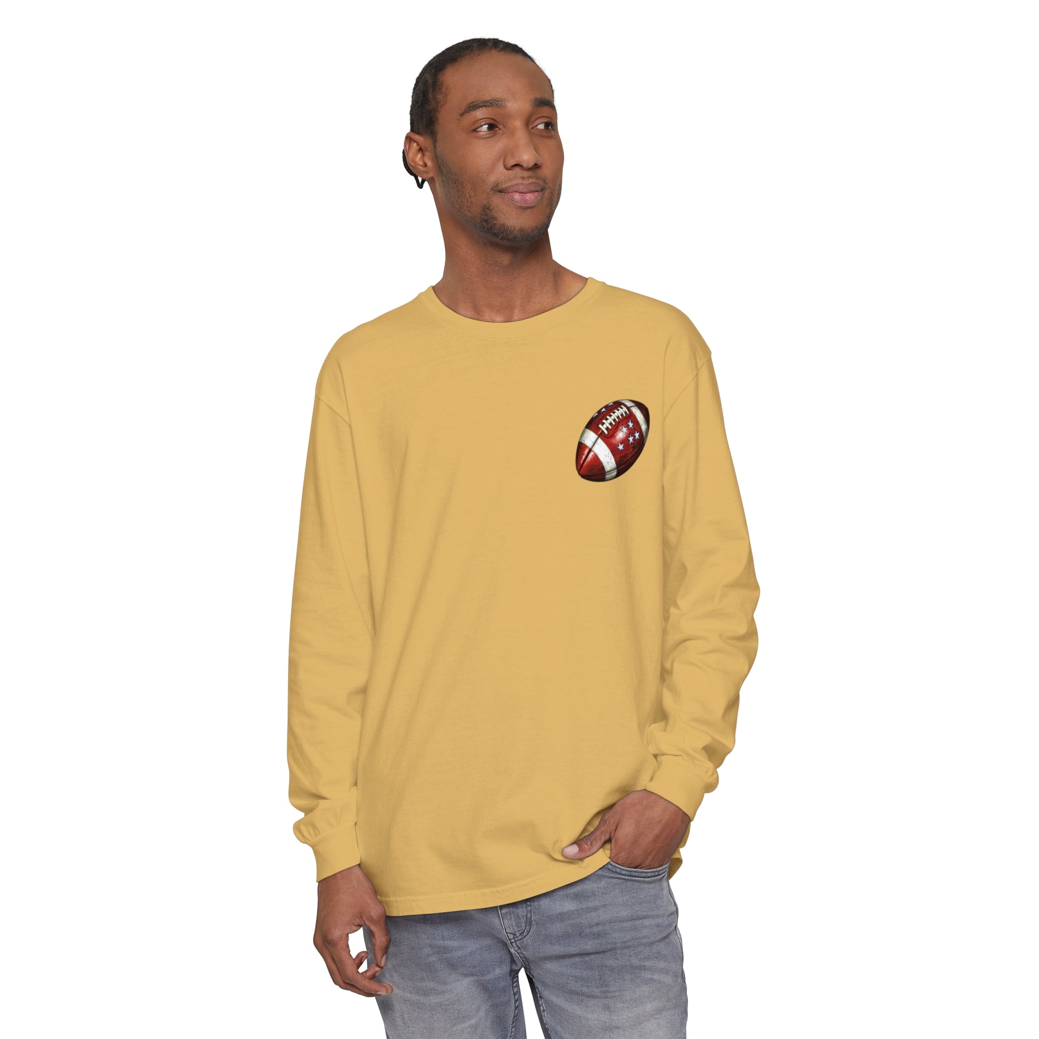 Men's  Garment-dyed Long Sleeve T-Shirt with Football on front  and Game Day on back. Cotton, Medium Weight.