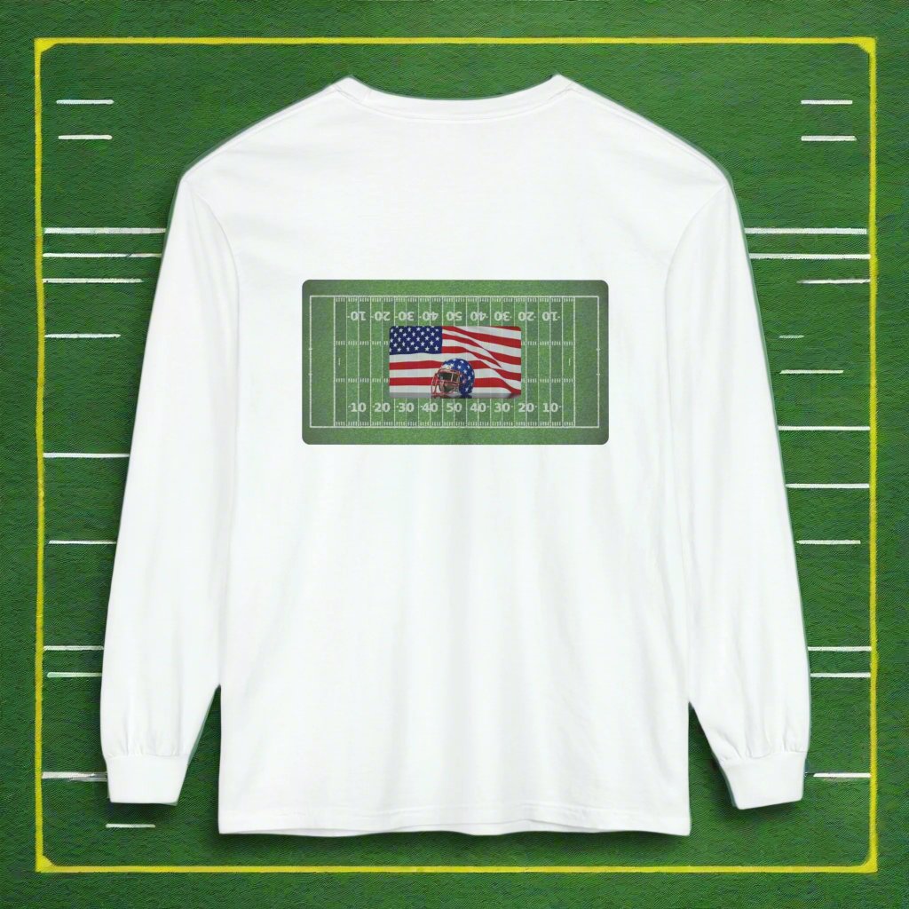 Garment-dyed,  Long Sleeve  Cotton T-Shirt with Football Helmet and Field on front and back.