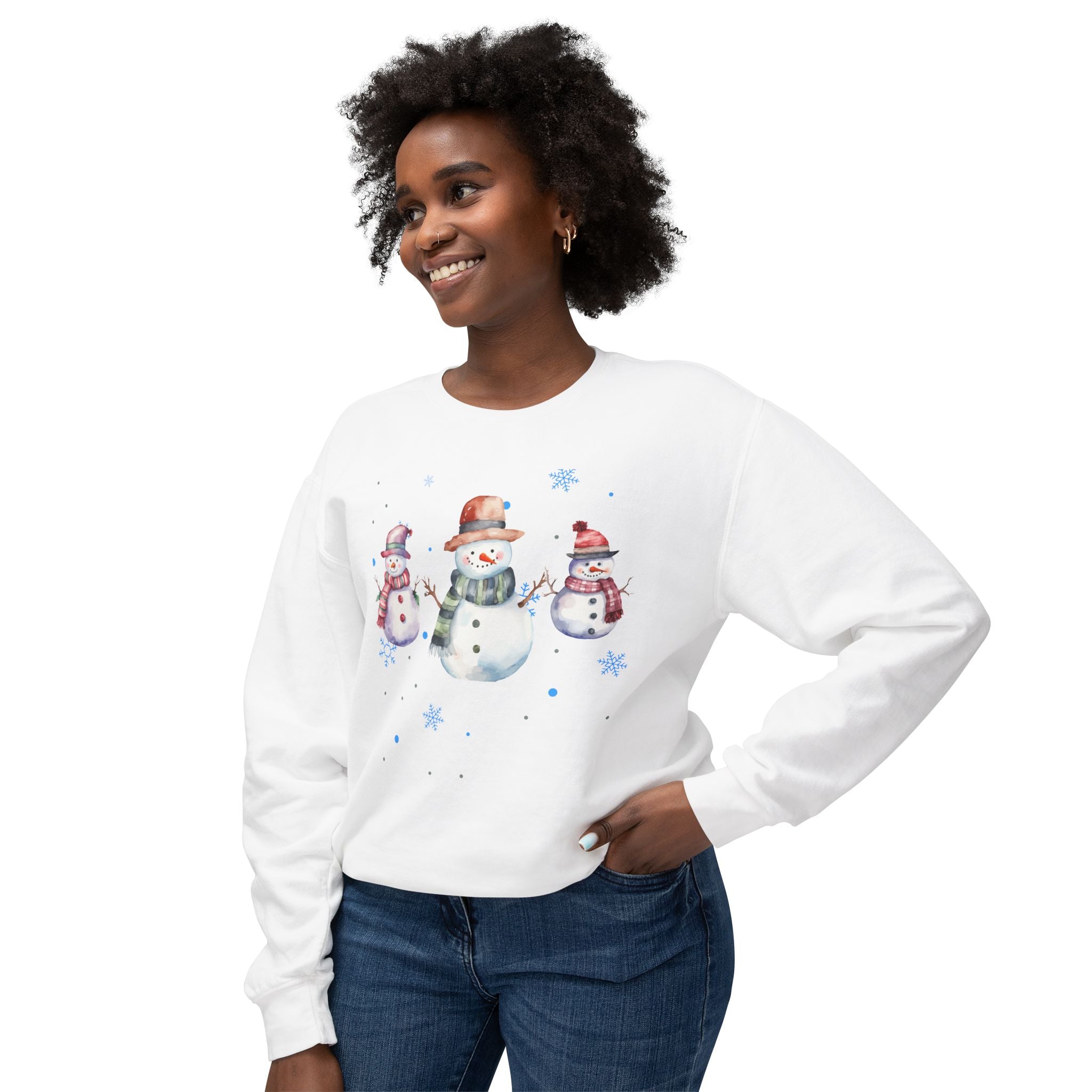 Cozy Snowman and Snowflakes Lightweight Cotton Crewneck Sweatshirt