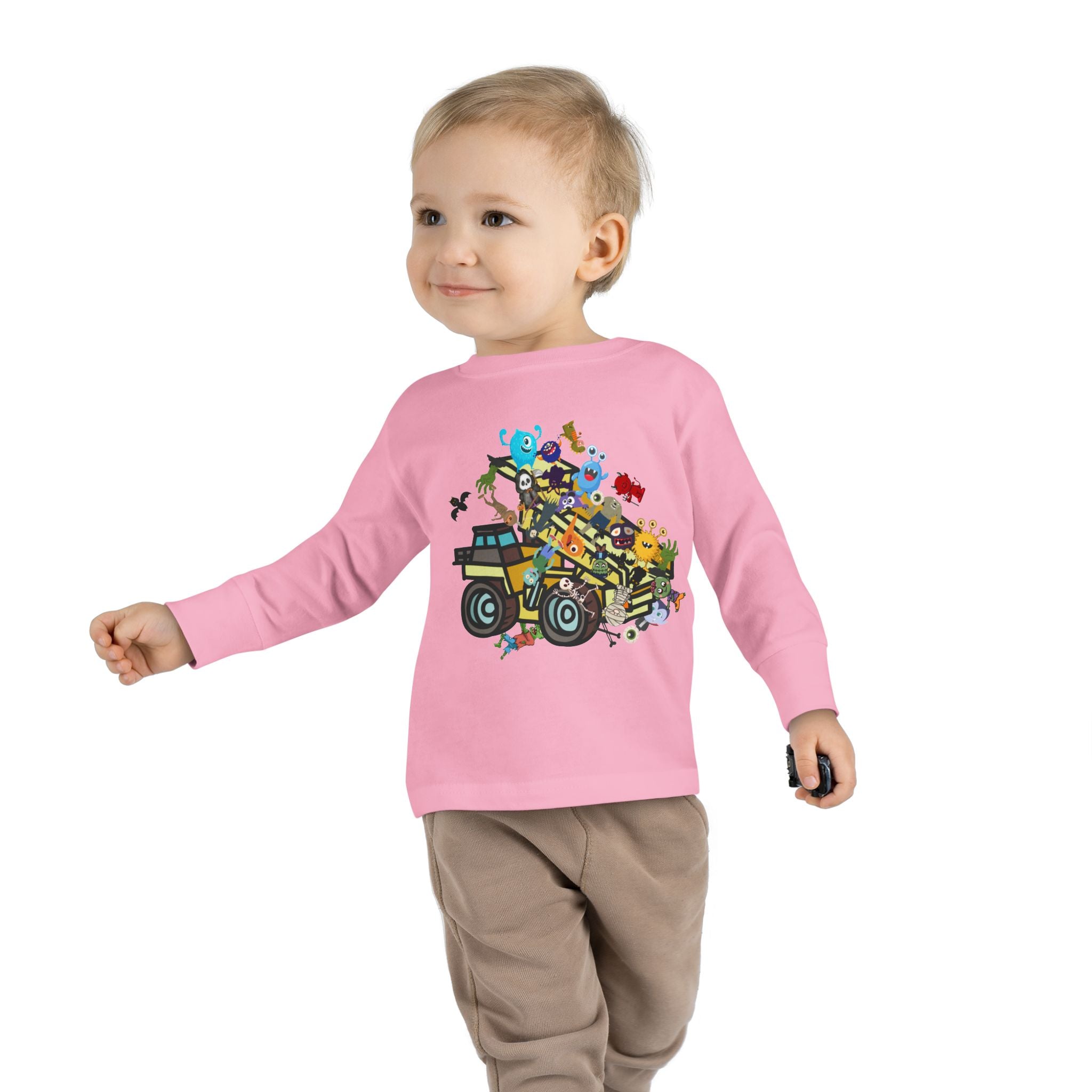 Toddler Long Sleeve Tee, dump truck with monsters & ghouls, 100 percent cotton tee. - Blue Star Merch 