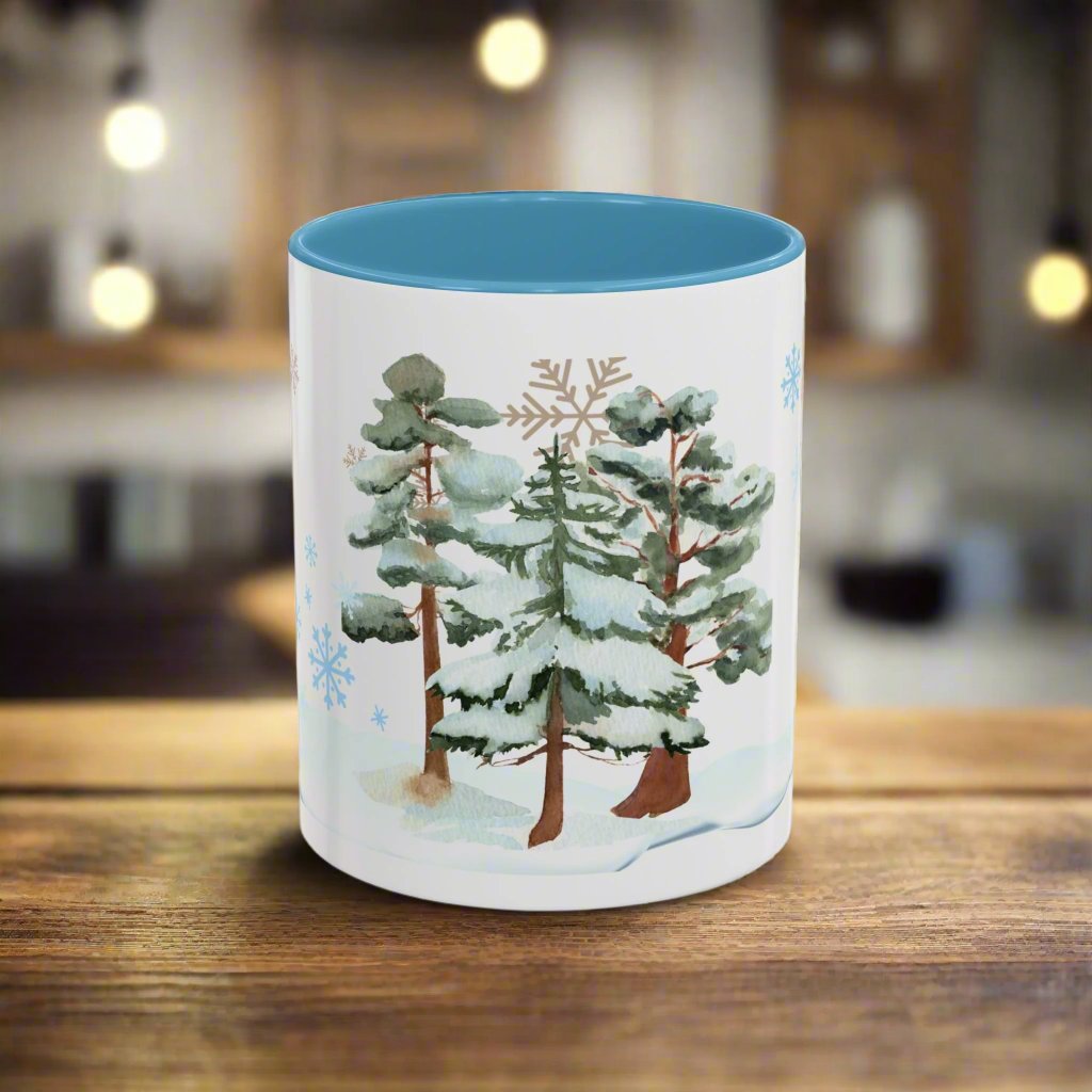 Winter trees & Snowflakes on Accent Coffee Mug (11, 15oz)in blue and red.