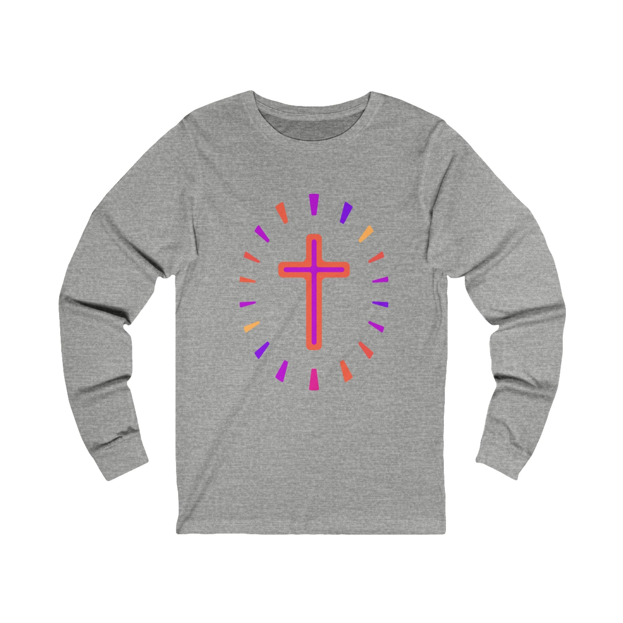 Bright Colors with Cross Design, Unisex Jersey Long Sleeve Tee. Light weight Cotton fabric. Faith merchandise.