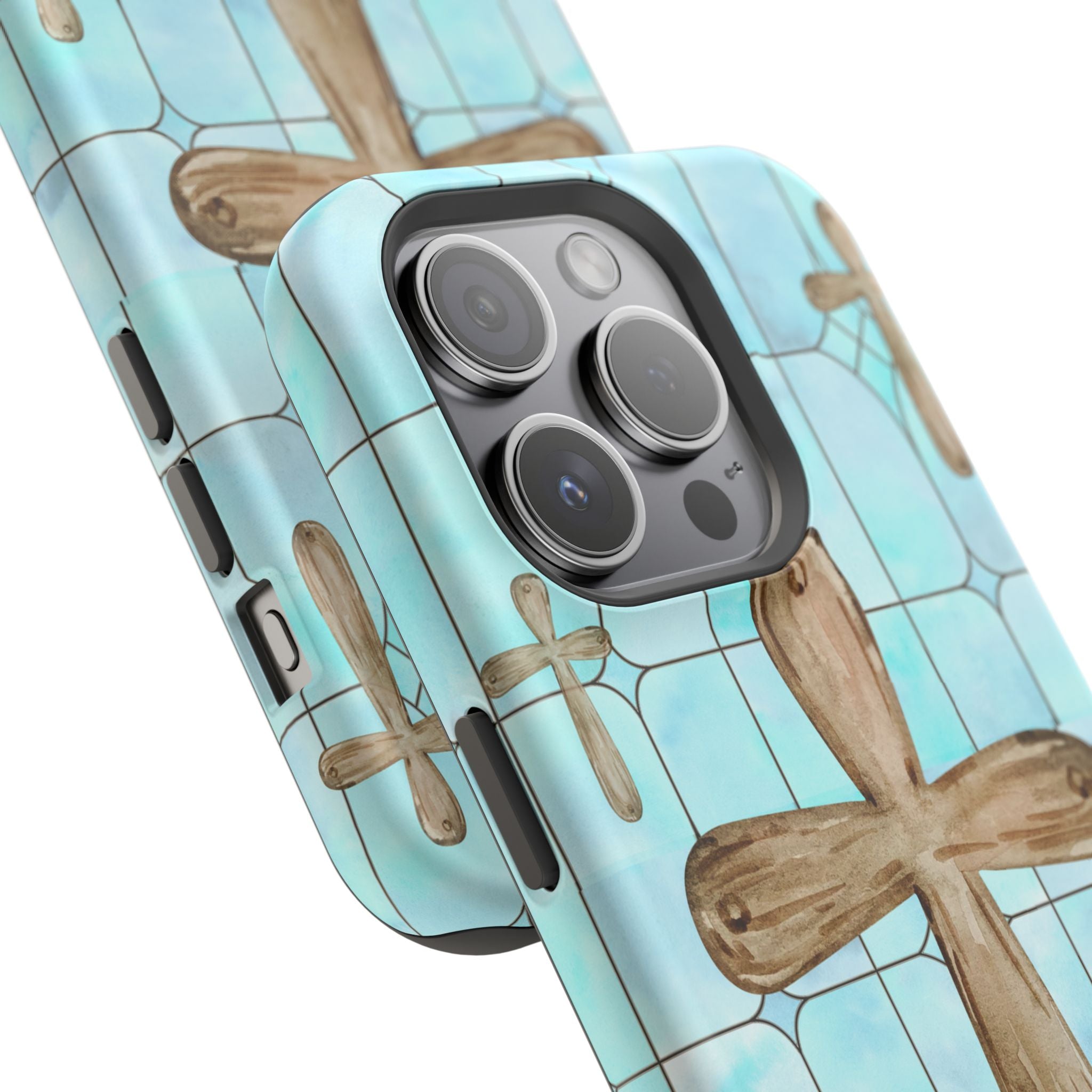 Impact-Resistant Case, Custom Designed Cross with Aqua Blue Stained Glass print, iPhone, Samsung