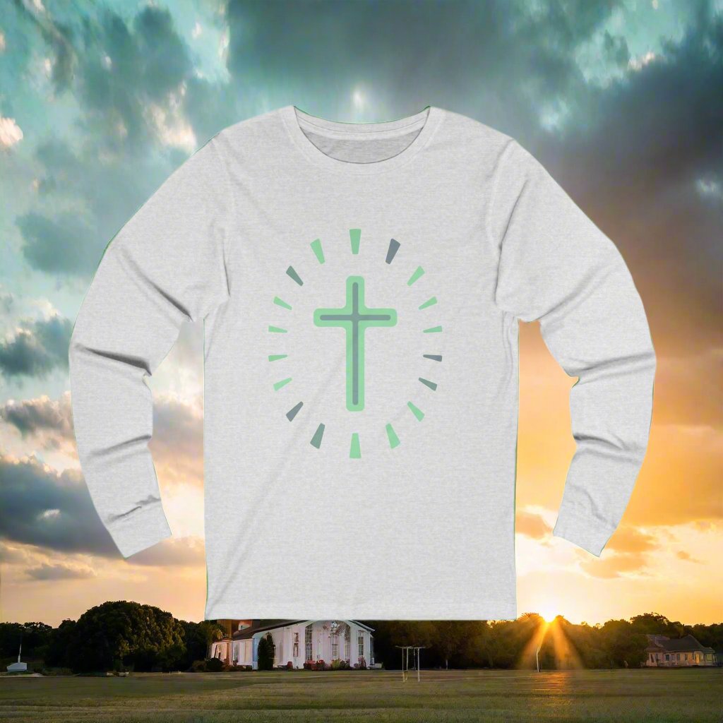 Green Cross Design,  Unisex Jersey Long Sleeve Tee, Cotton light weight fabric. Faith based tee shirt