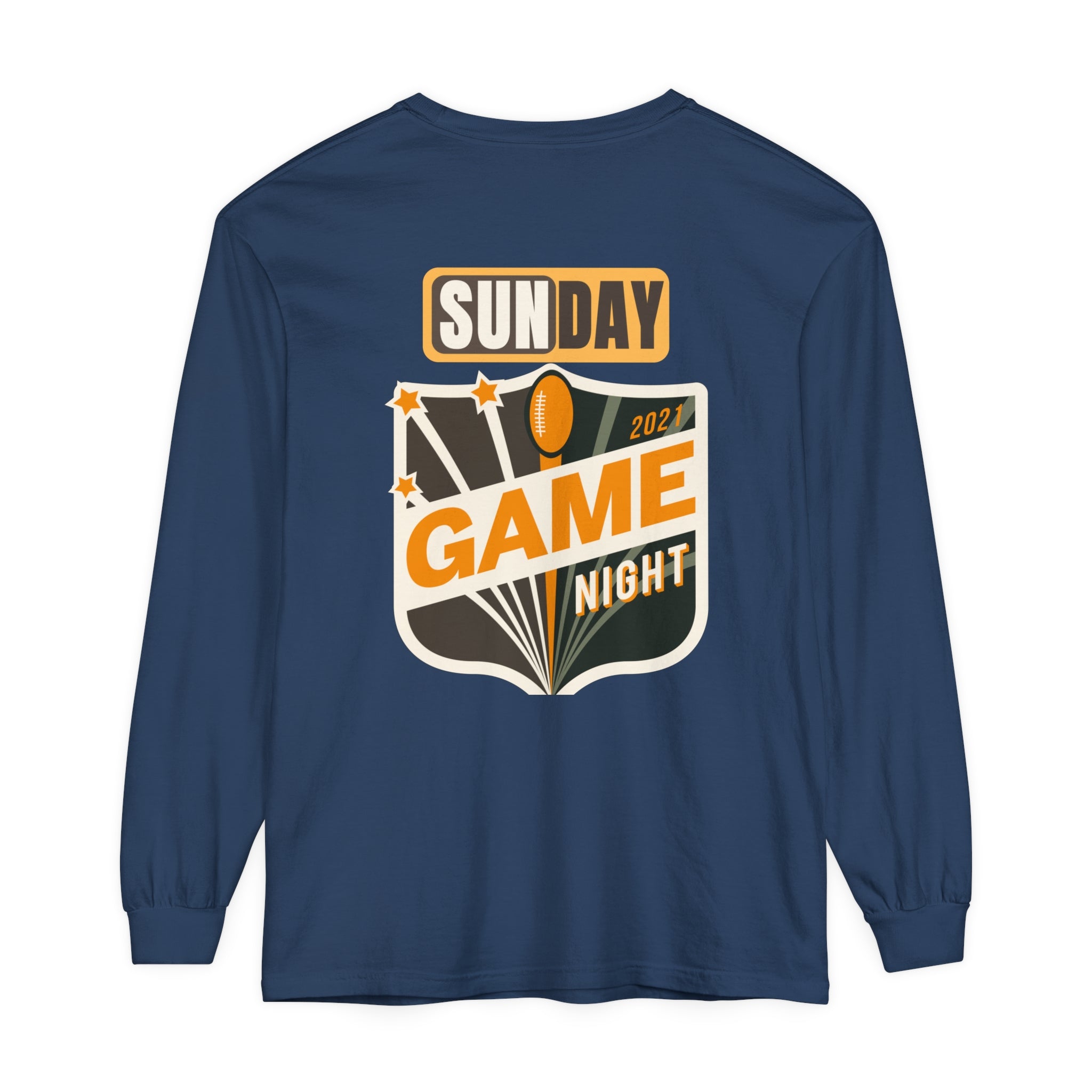 Men's  Garment-dyed Long Sleeve T-Shirt with Football on front  and Game Day on back. Cotton, Medium Weight.