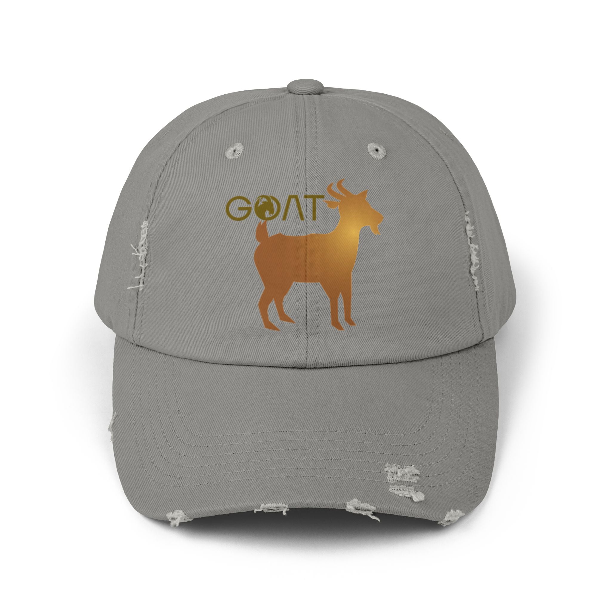 GOAT Unisex Distressed Baseball Cap, Goat Logo, Gold logo, 100% Cotton hat - Blue Star Merch 