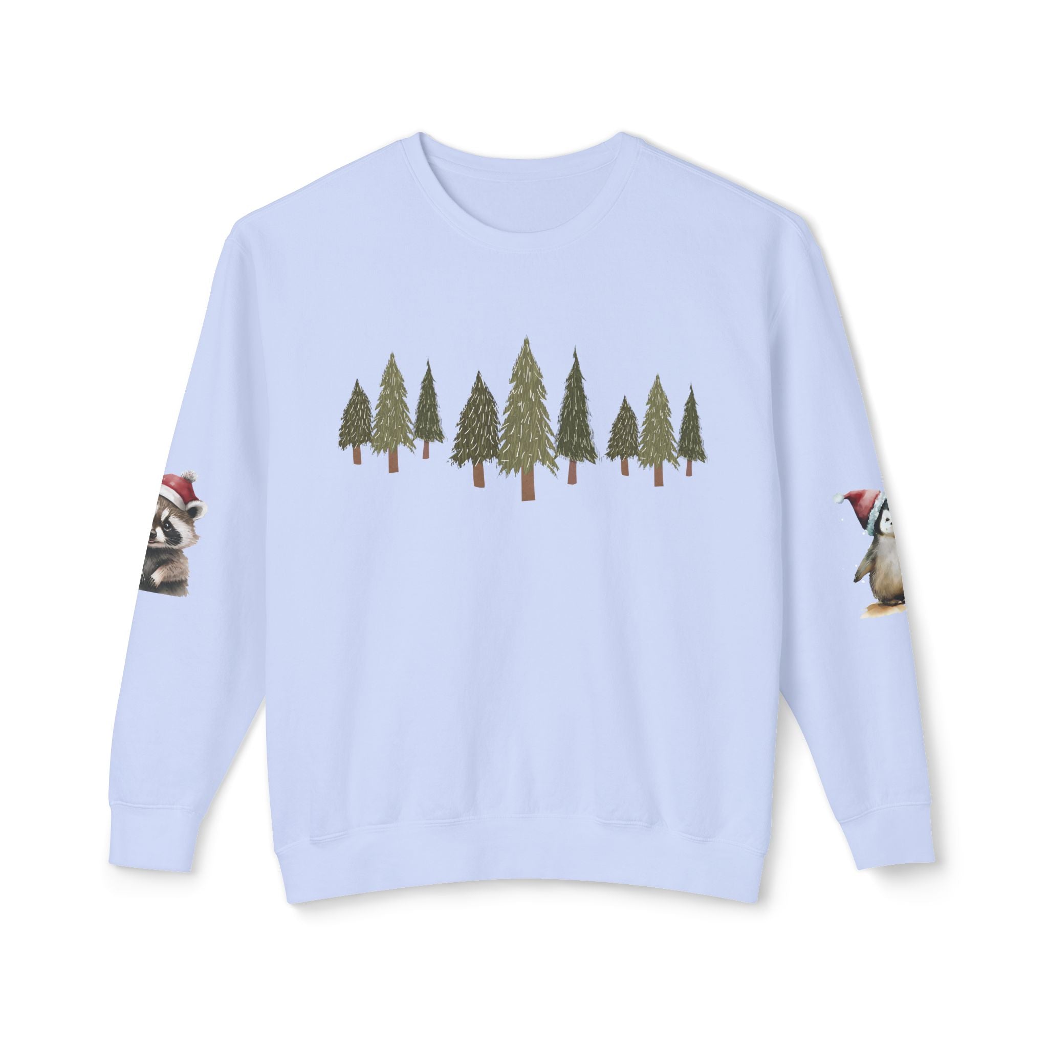 Christmas Trees (on front)  Raccoon & Penguin (on sleeves)  Unisex Cotton Lightweight Crewneck Sweatshirt