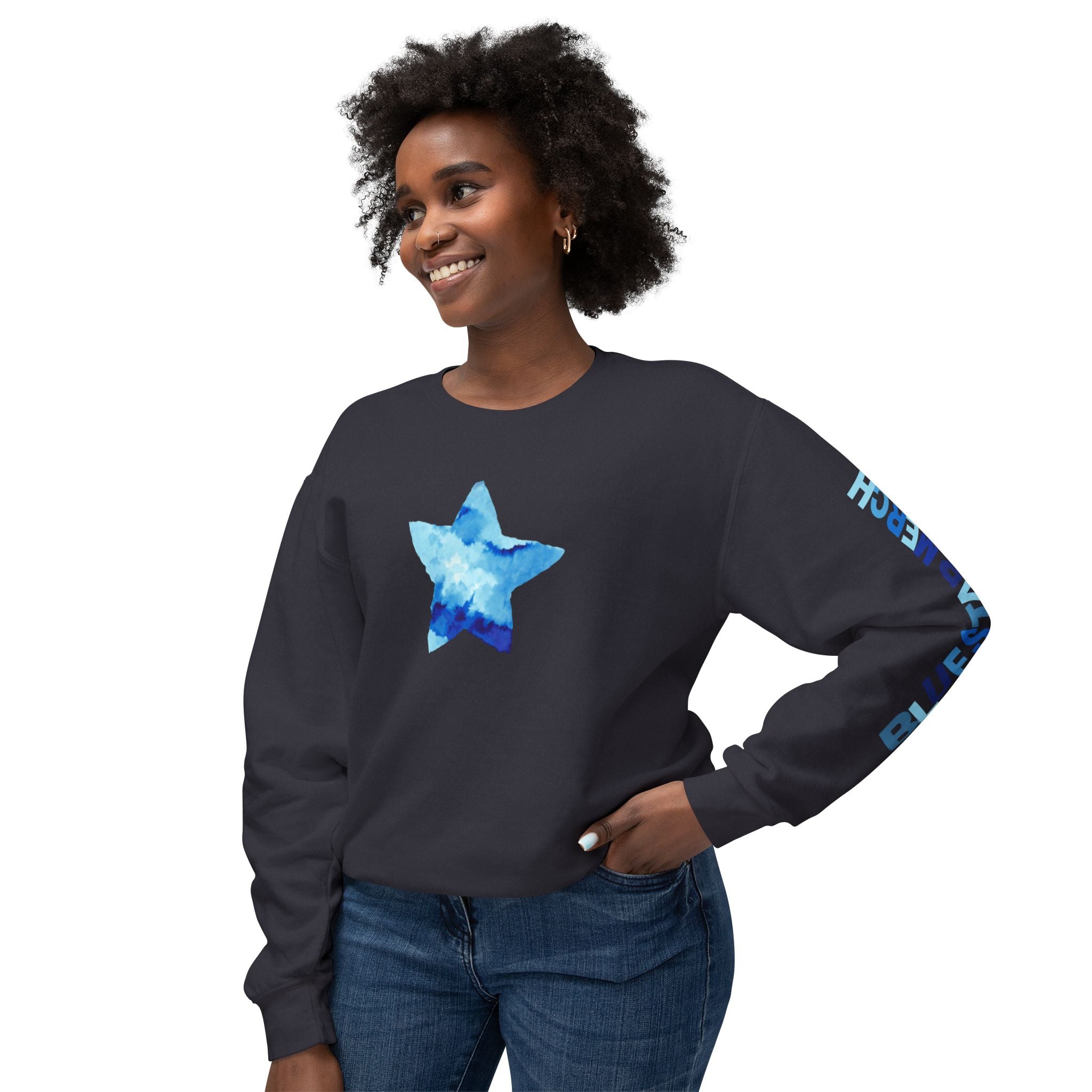 Unisex Lightweight Crewneck Sweatshirt with Blue Star Merch Logo in Blues and White - Blue Star Merch 