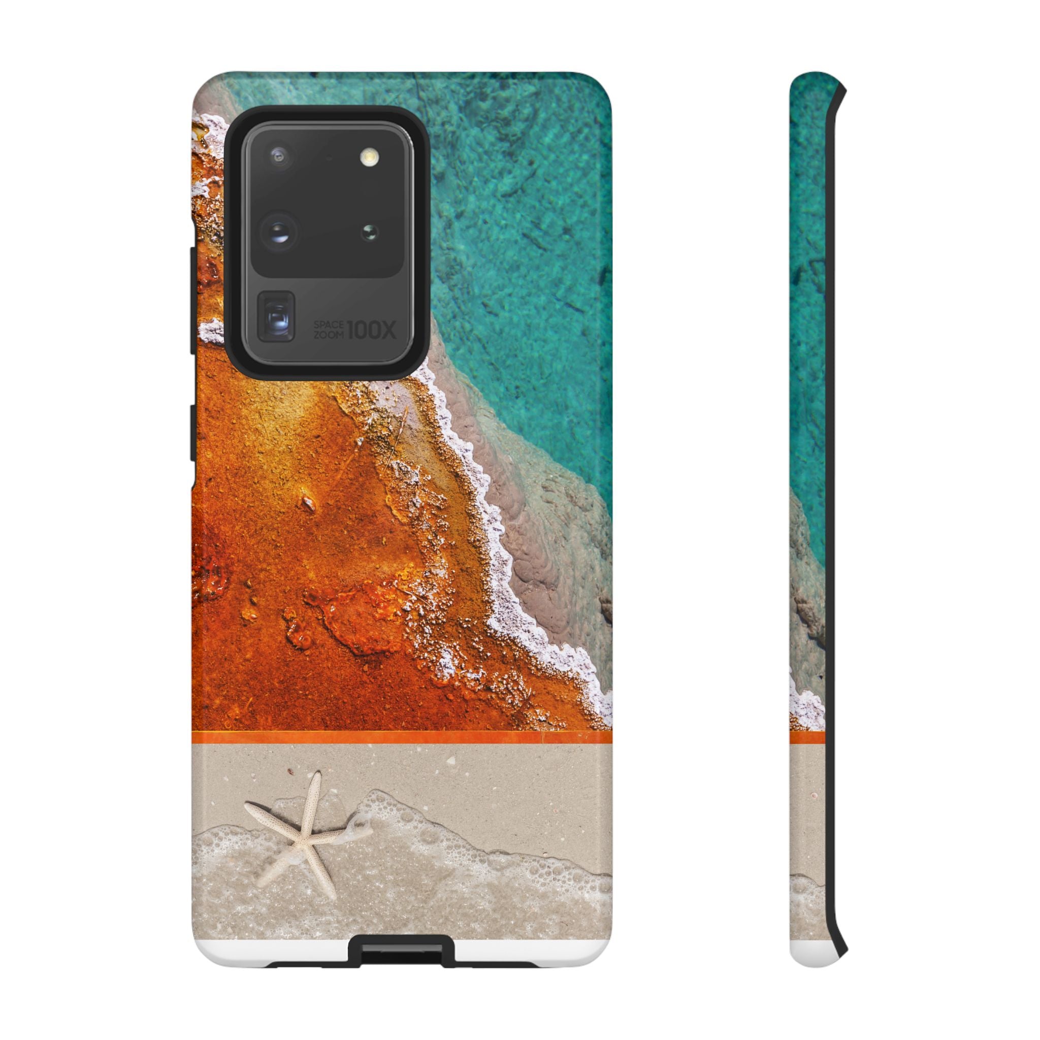 Colorful Water and Sand beach design, Tough phone Case for Samsung, iPhone and Google phones. Green, Orange