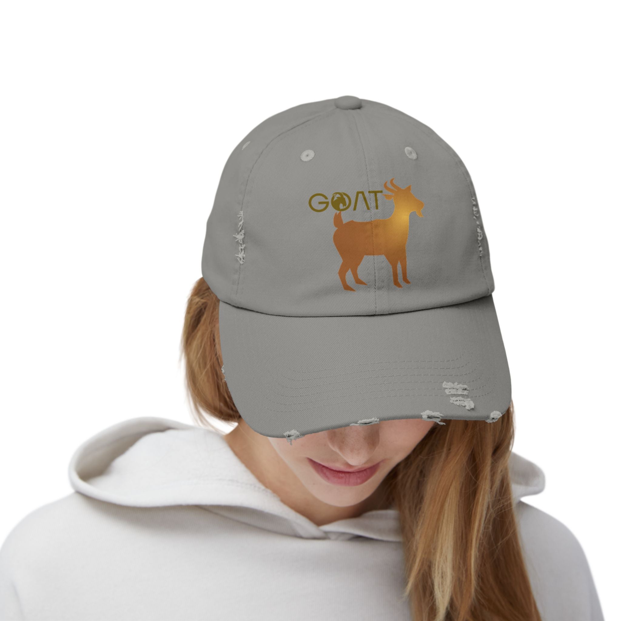 GOAT Unisex Distressed Baseball Cap, Goat Logo, Gold logo, 100% Cotton hat - Blue Star Merch 