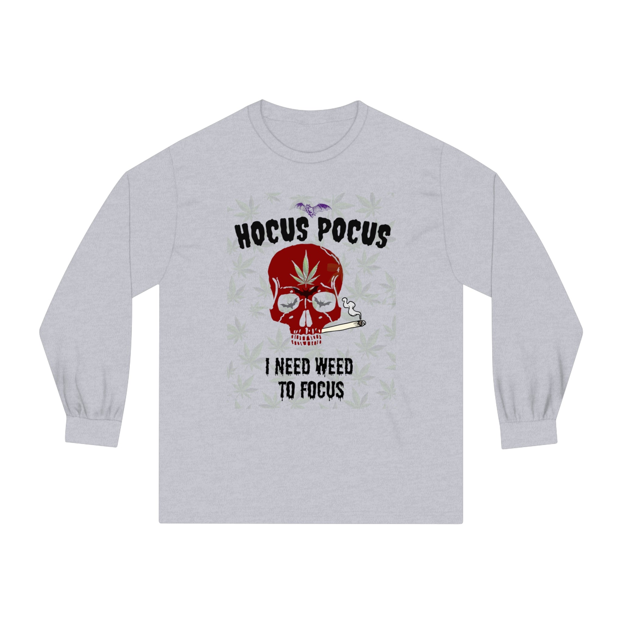 Mens Classic Long Sleeve T-Shirt, Hocus Pocus weed design, Cotton, Medium weight