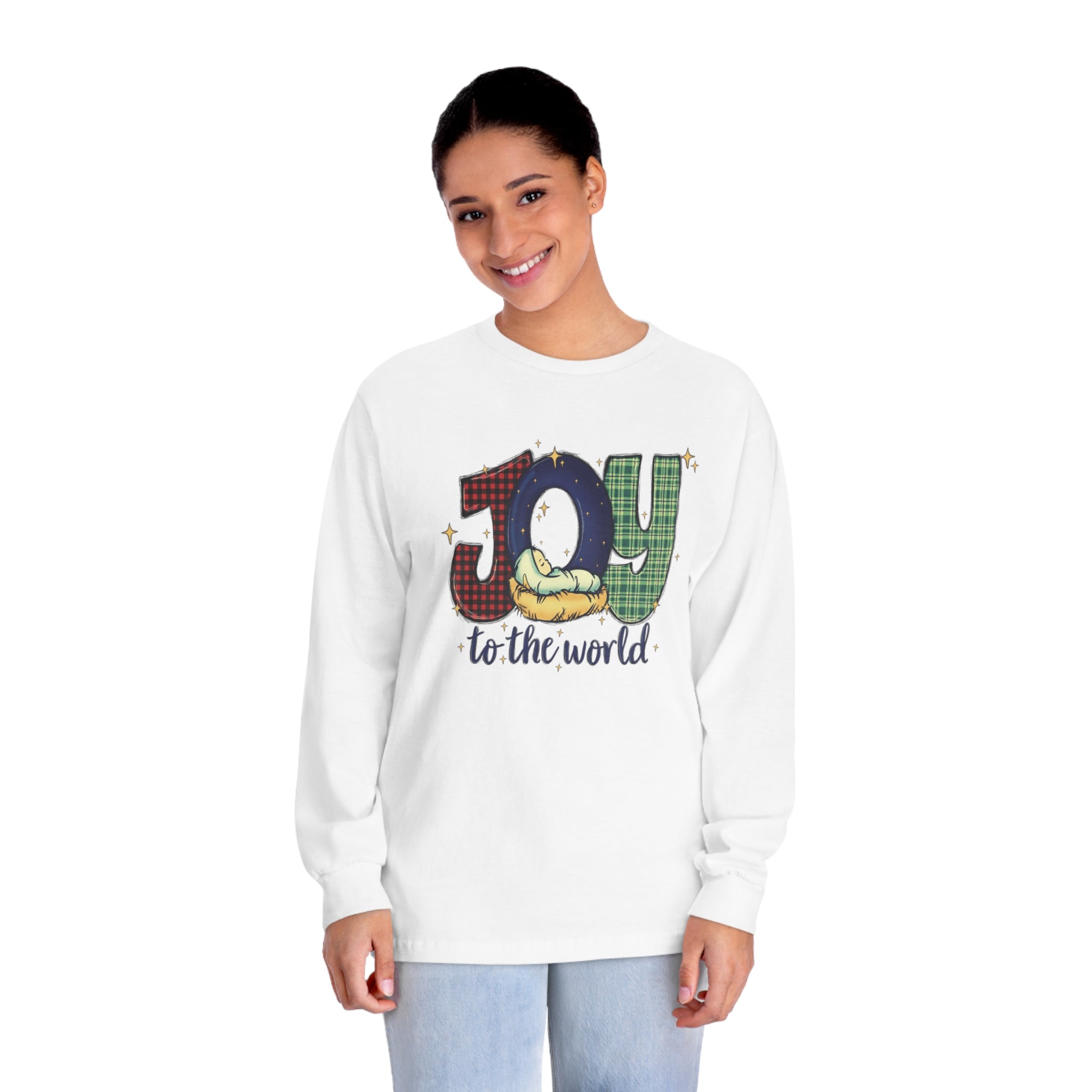 Classic Long Sleeve T-Shirt, Cotton, Medium Weight, Cool retro design, Joy to the World long sleeve, Ladies Long sleeve tee