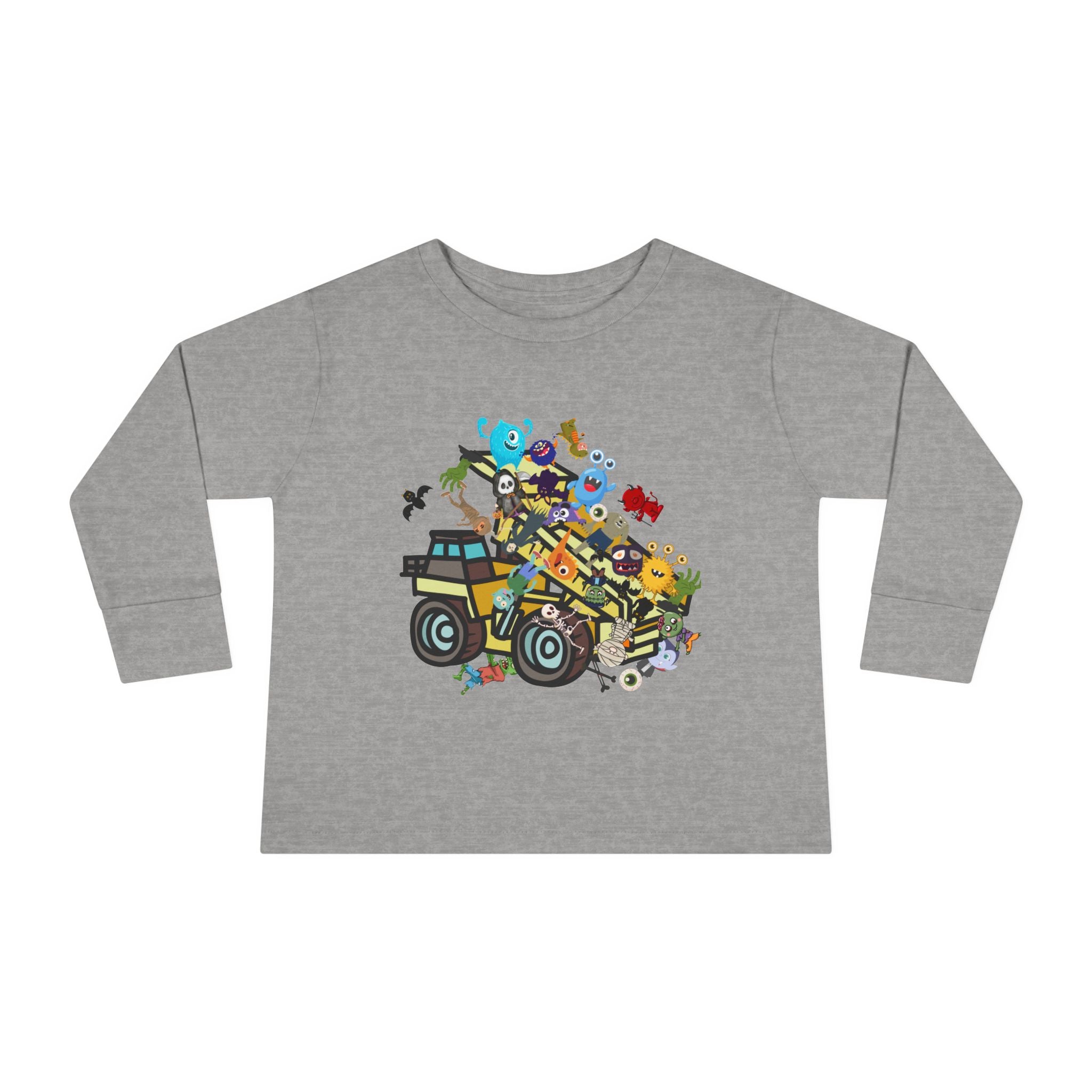 Toddler Long Sleeve Tee, dump truck with monsters & ghouls, 100 percent cotton tee. - Blue Star Merch 