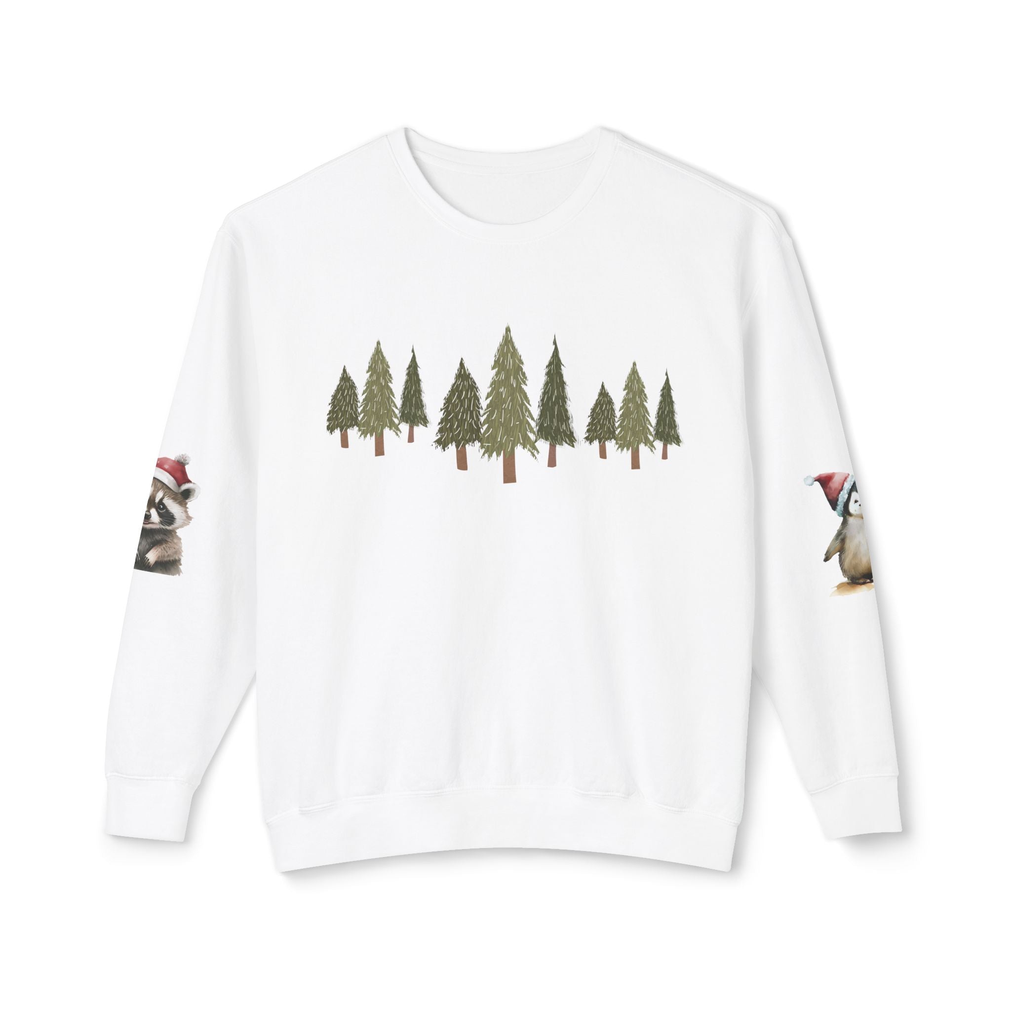 Christmas Trees (on front)  Raccoon & Penguin (on sleeves)  Unisex Cotton Lightweight Crewneck Sweatshirt