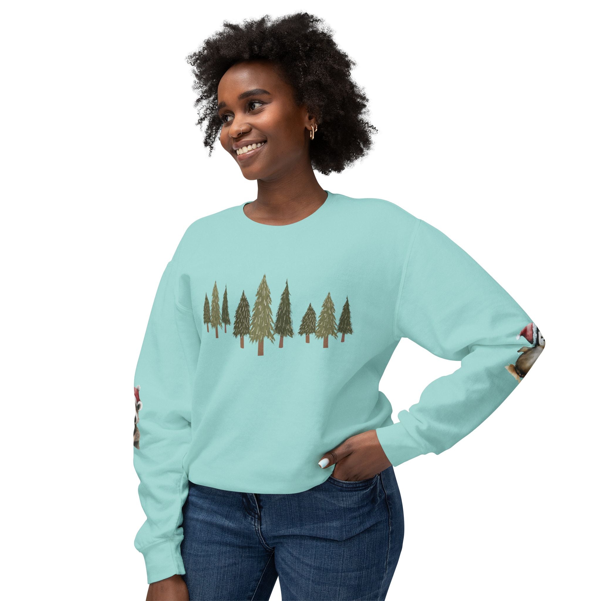 Christmas Trees (on front)  Raccoon & Penguin (on sleeves)  Unisex Cotton Lightweight Crewneck Sweatshirt