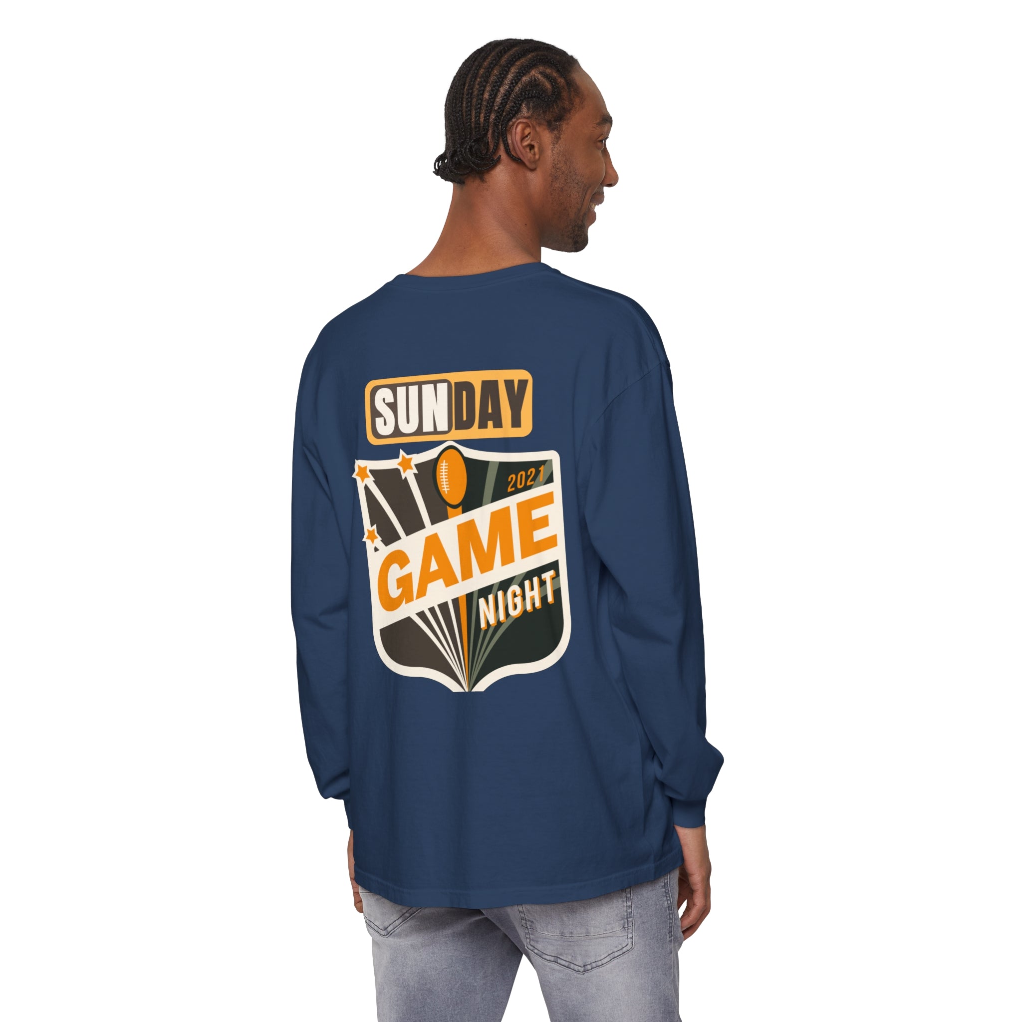 Men's  Garment-dyed Long Sleeve T-Shirt with Football on front  and Game Day on back. Cotton, Medium Weight.