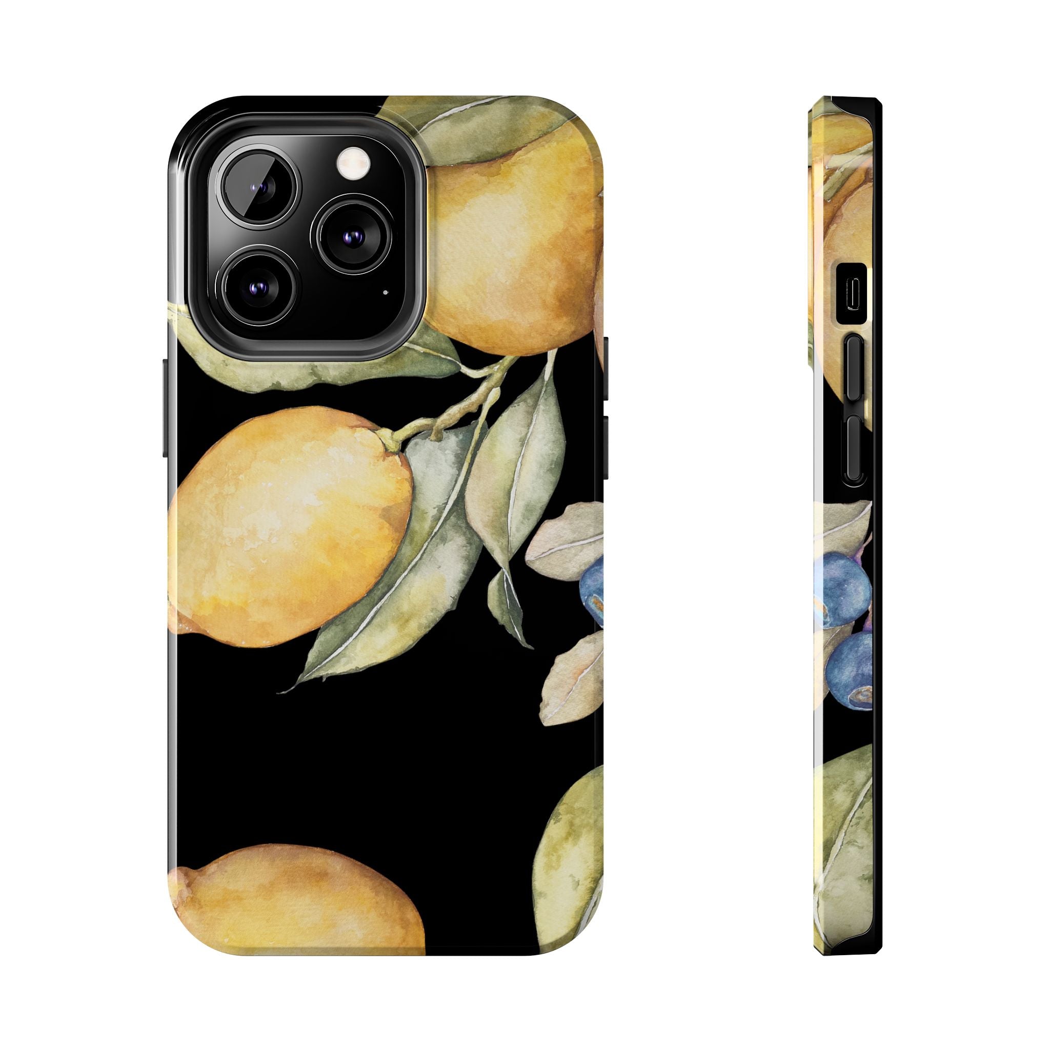 Tough Phone Case for iPhone and Samsung, Lemon floral design, black - Blue Star Merch 