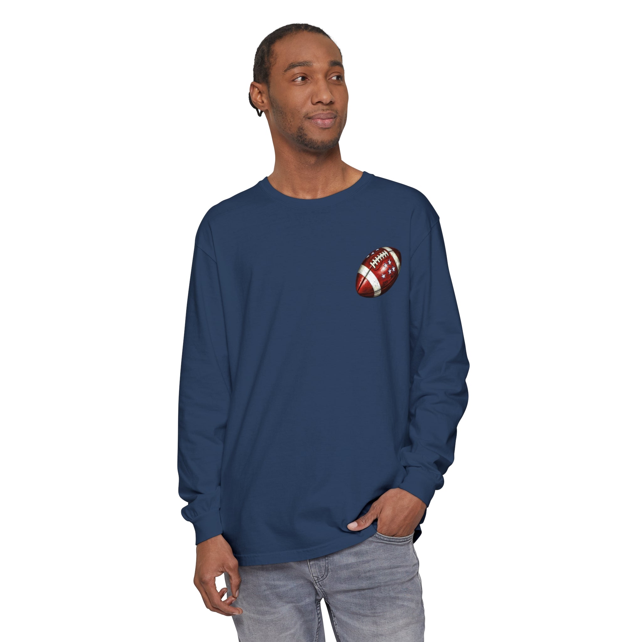 Men's  Garment-dyed Long Sleeve T-Shirt with Football on front  and Game Day on back. Cotton, Medium Weight.