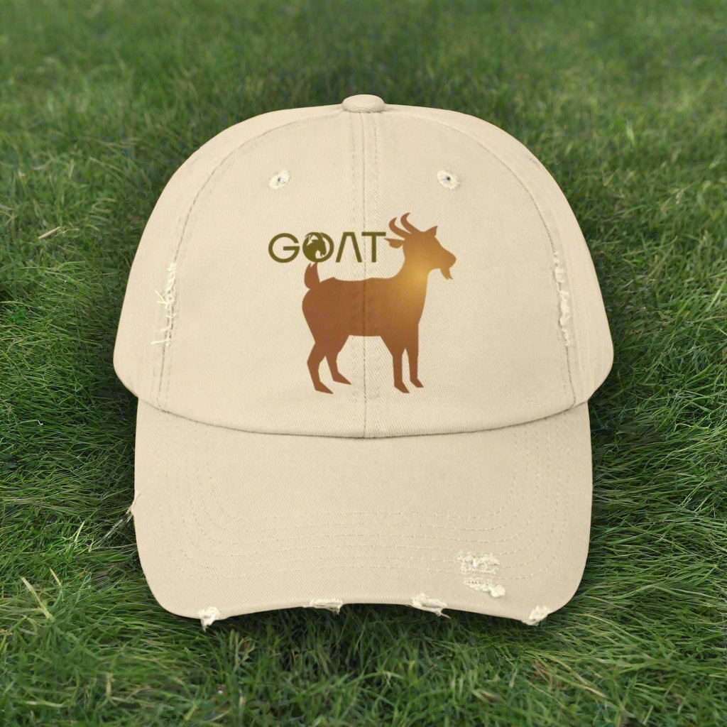 GOAT Unisex Distressed Baseball Cap, Goat Logo, Gold logo, 100% Cotton hat - Blue Star Merch 