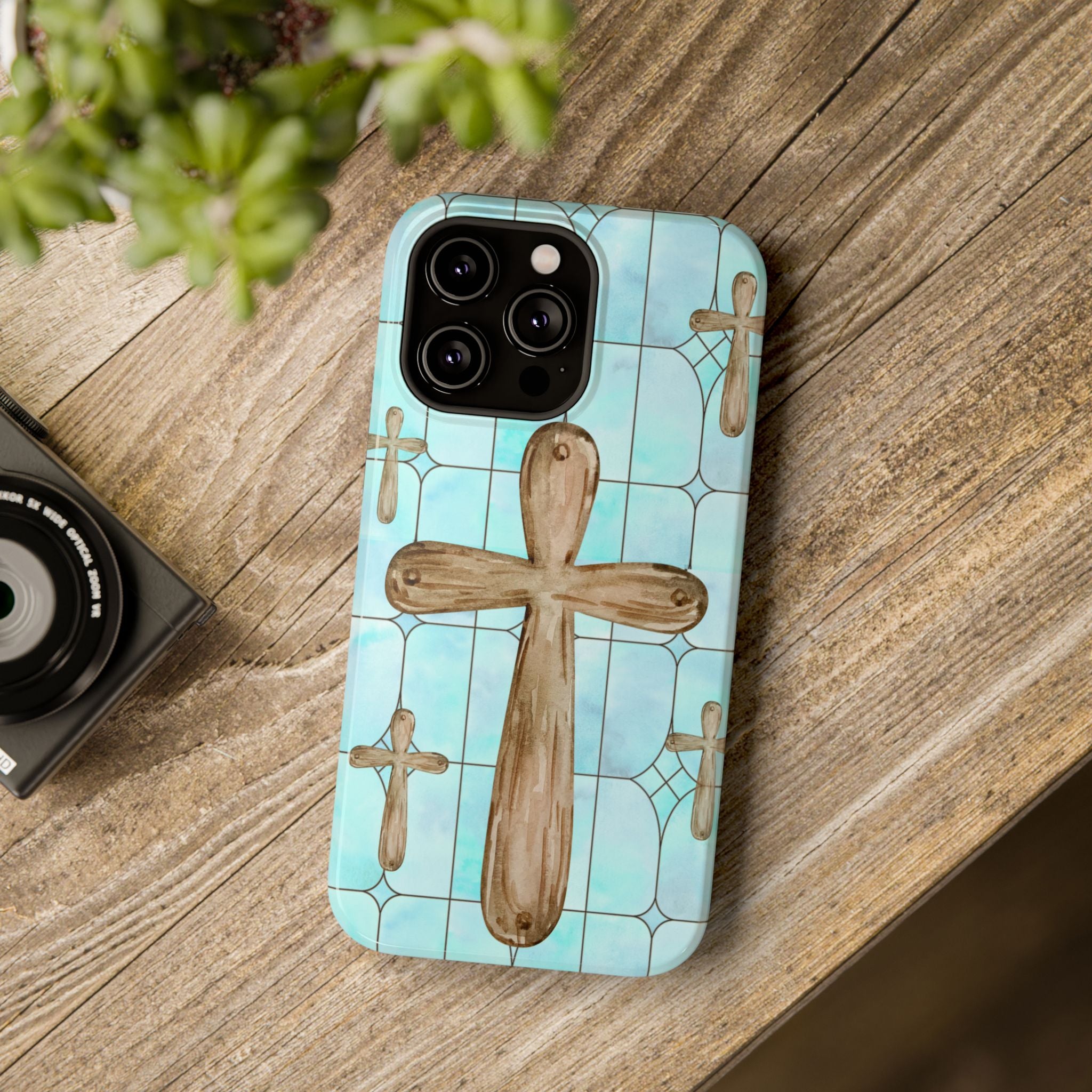 Impact-Resistant Case, Custom Designed Cross with Aqua Blue Stained Glass print, iPhone, Samsung