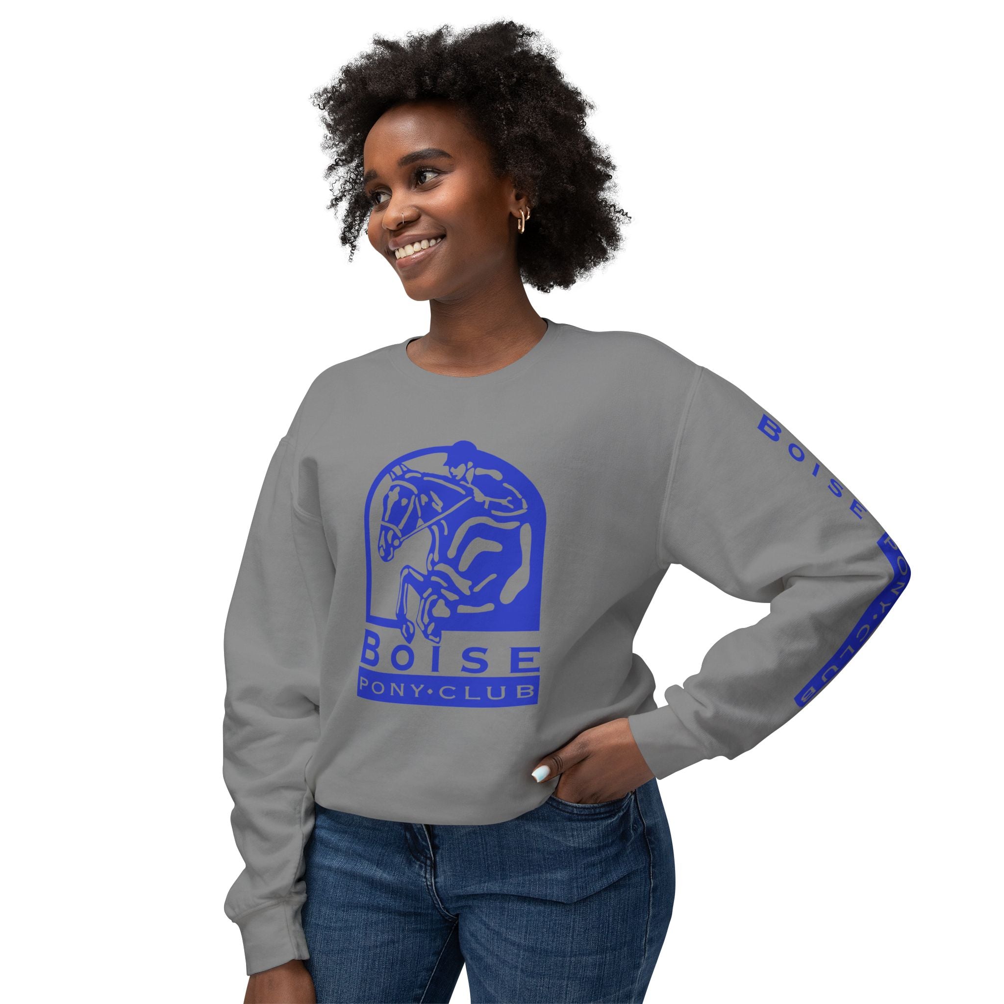 Lightweight  Crewneck Sweatshirt, 100% Cotton, Boise Pony Club on left sleeve and BPC image on front.