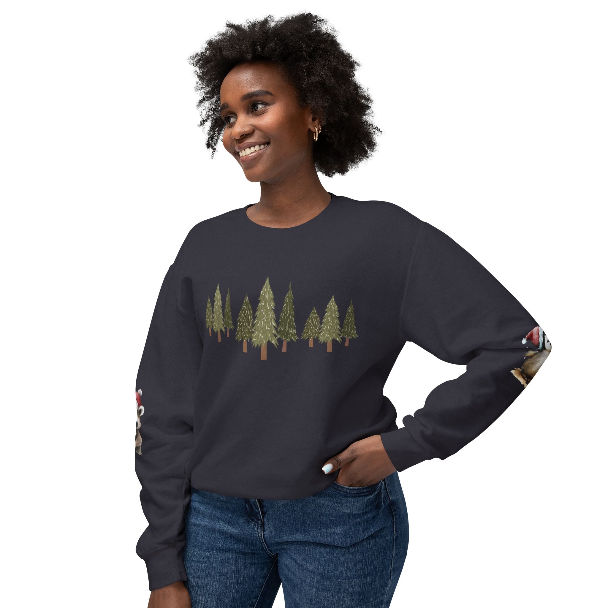 Christmas Trees (on front)  Raccoon & Penguin (on sleeves)  Unisex Cotton Lightweight Crewneck Sweatshirt