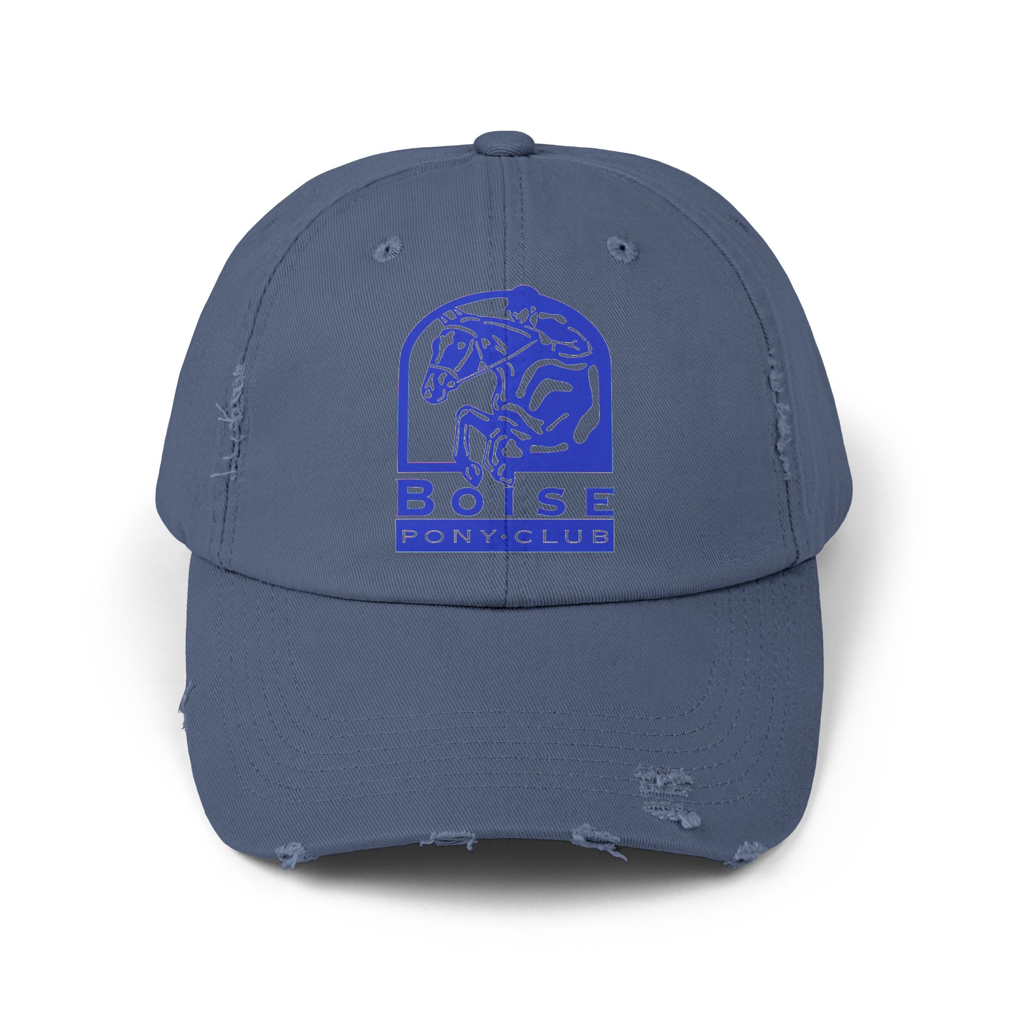 Unisex Distressed Cap for Boise Pony Club available in Stone or Scotland Blue with royal blue logo