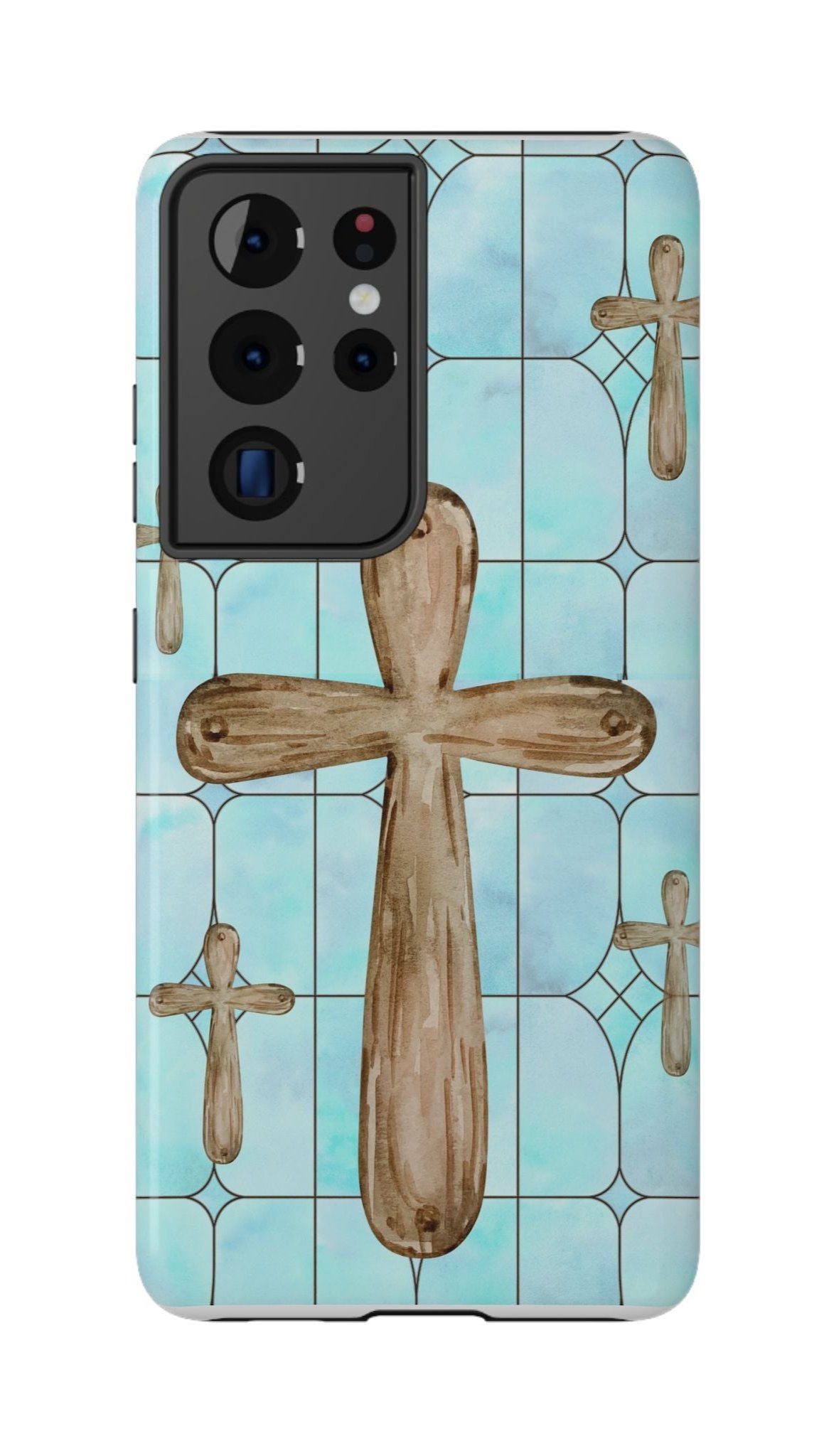 Impact-Resistant Case, Custom Designed Cross with Aqua Blue Stained Glass print, iPhone, Samsung