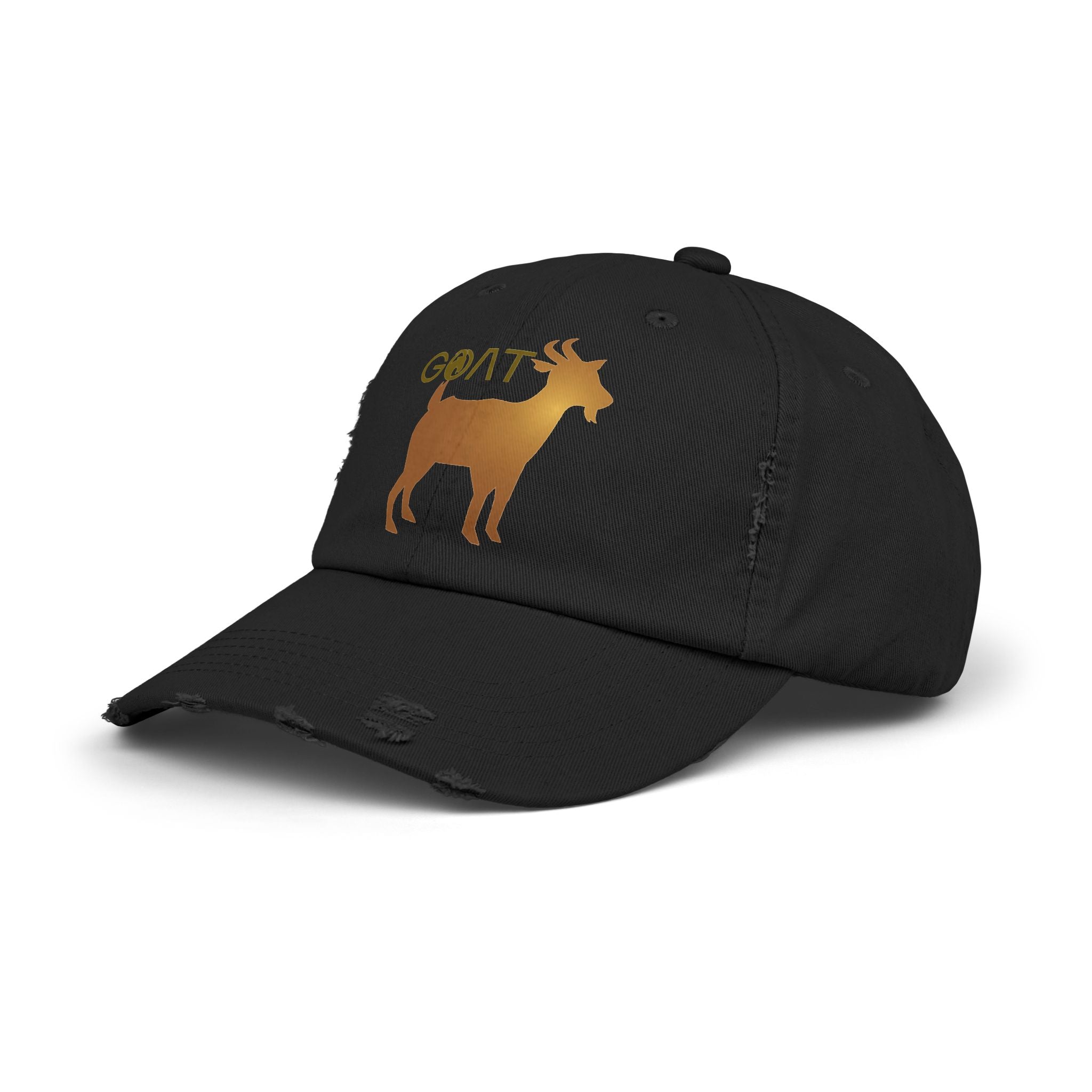 GOAT Unisex Distressed Baseball Cap, Goat Logo, Gold logo, 100% Cotton hat - Blue Star Merch 