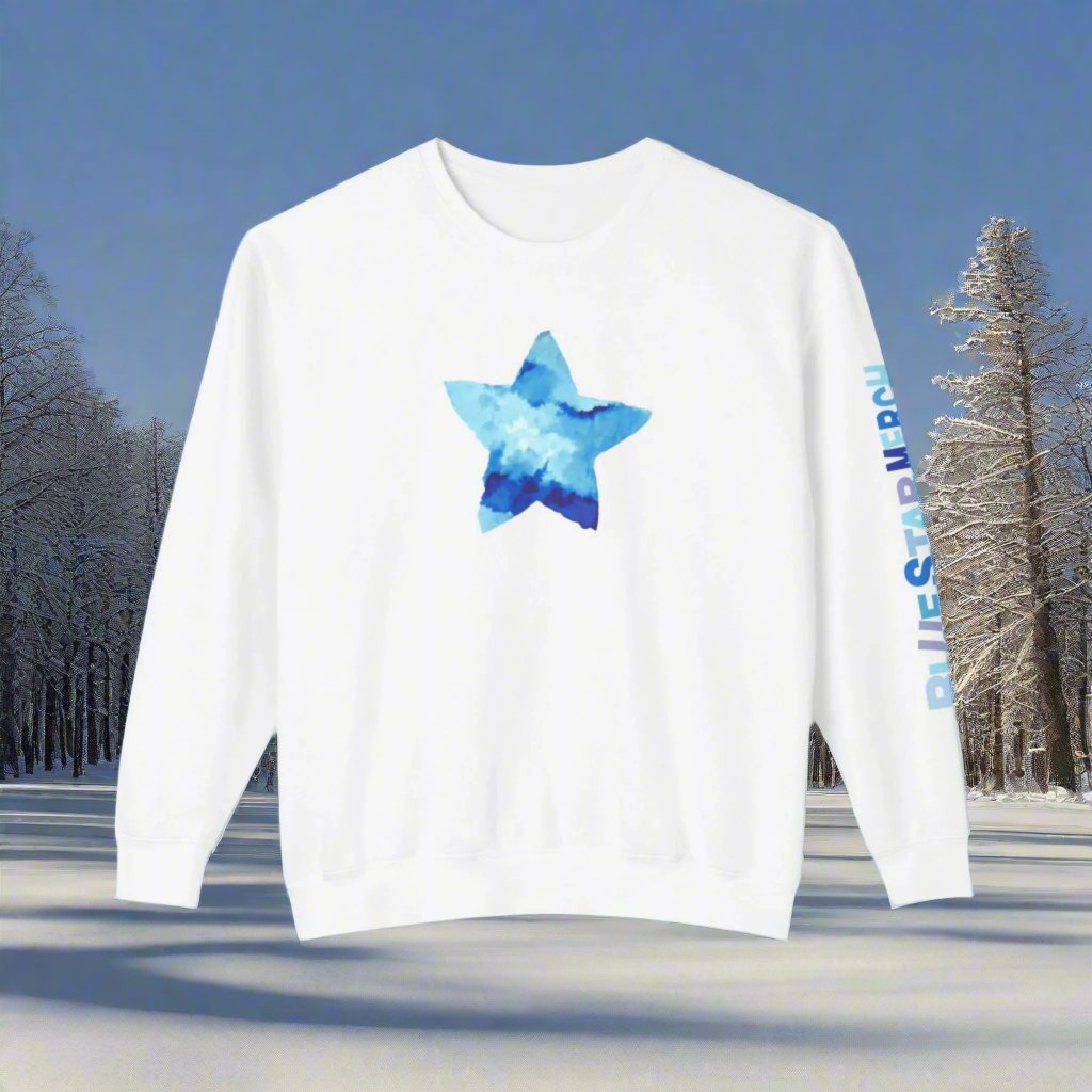 Unisex Lightweight Crewneck Sweatshirt with Blue Star Merch Logo in Blues and White - Blue Star Merch 