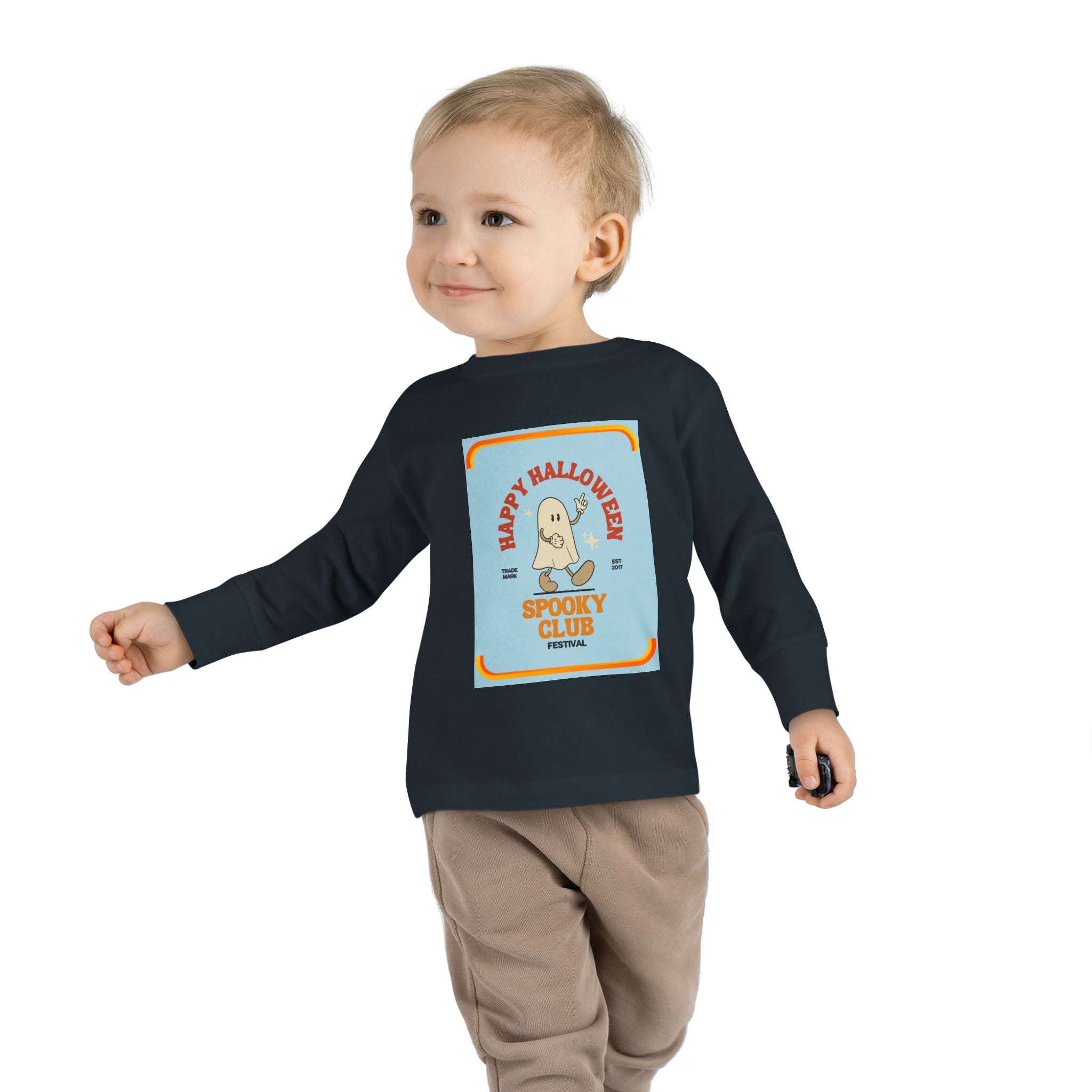 Toddler Long Sleeve Cotton Tee with Spooky Ghost Club design, Light weight. - Blue Star Merch 