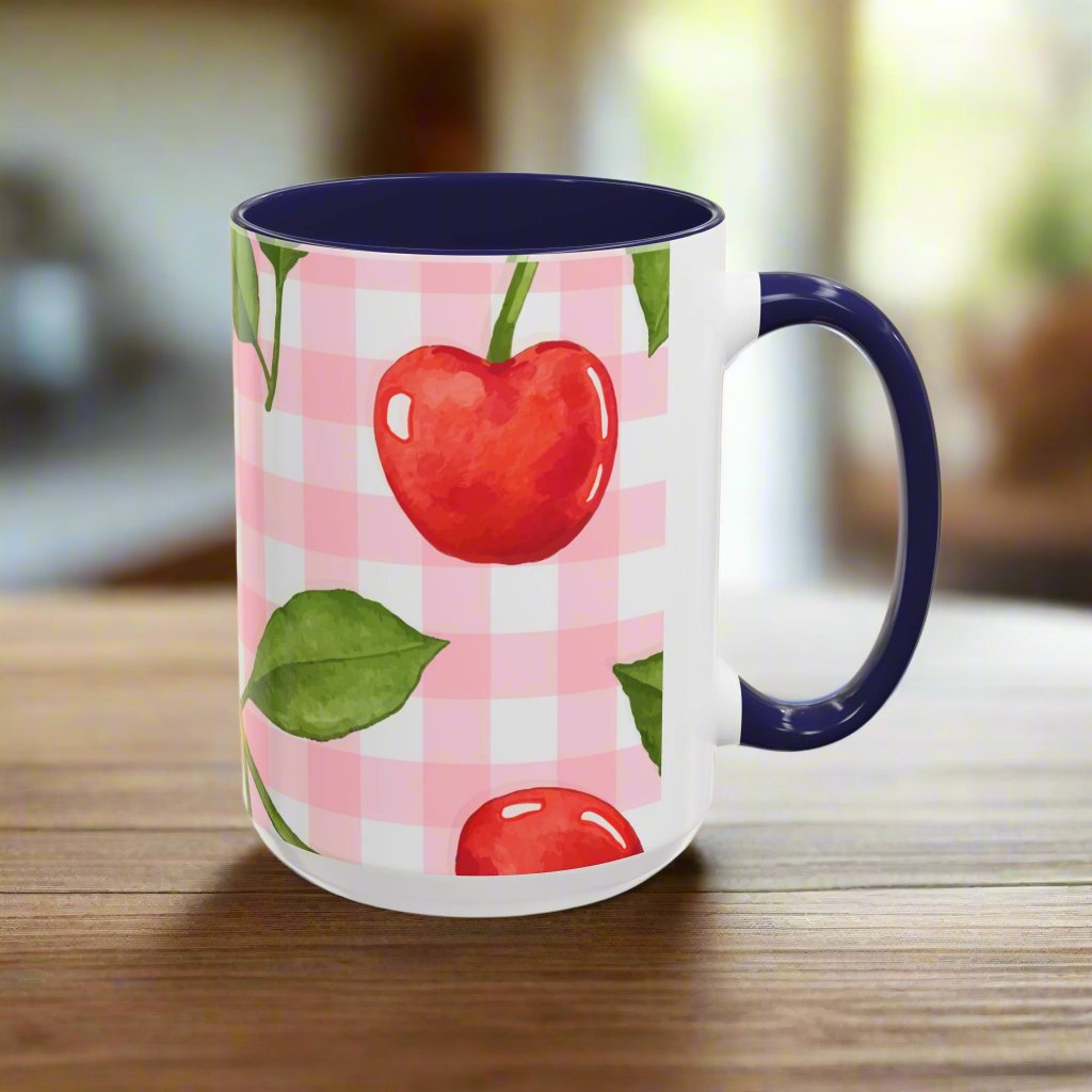 Colorful Cherries Accent Coffee Mug (11, 15oz) in red or blue