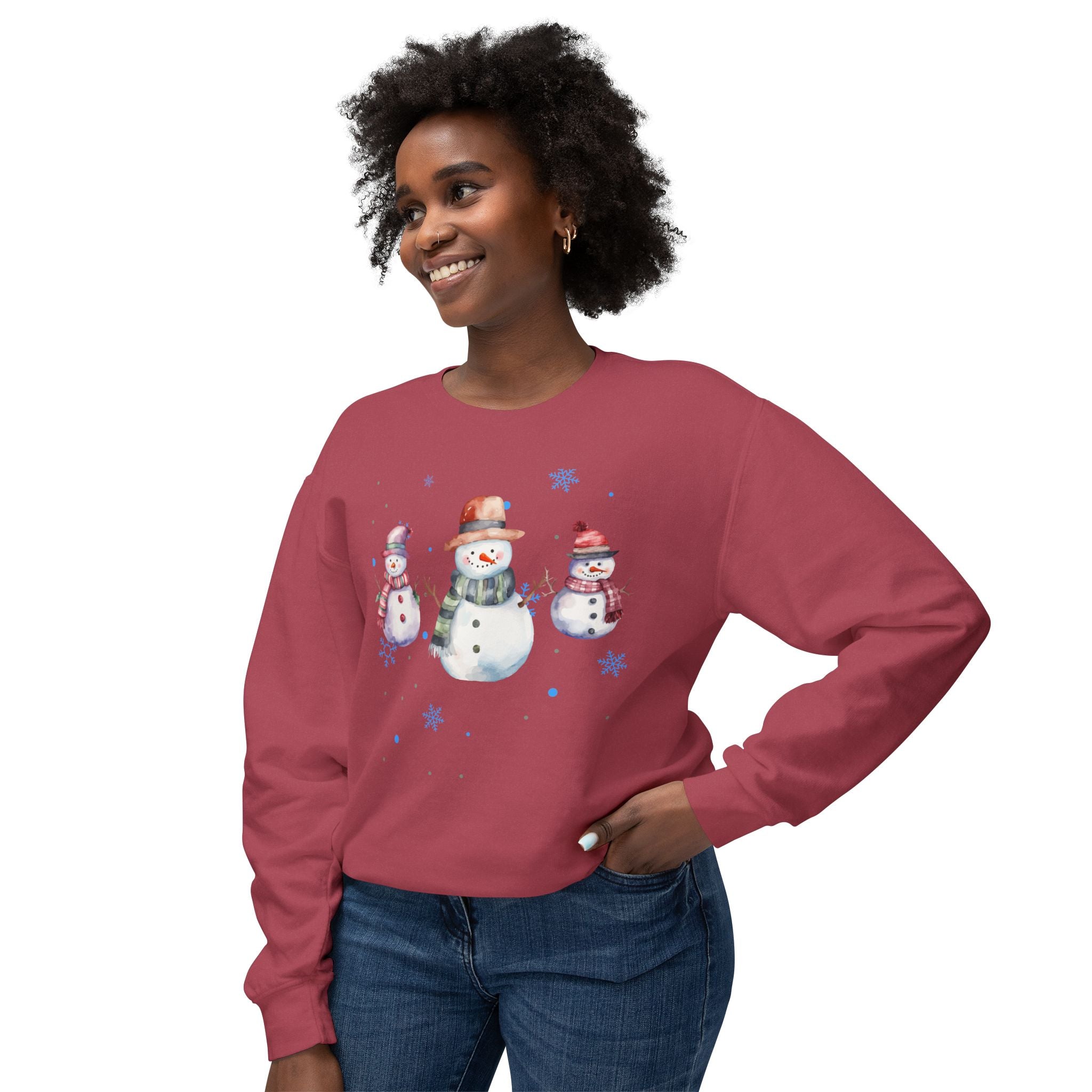 Cozy Snowman and Snowflakes Lightweight Cotton Crewneck Sweatshirt